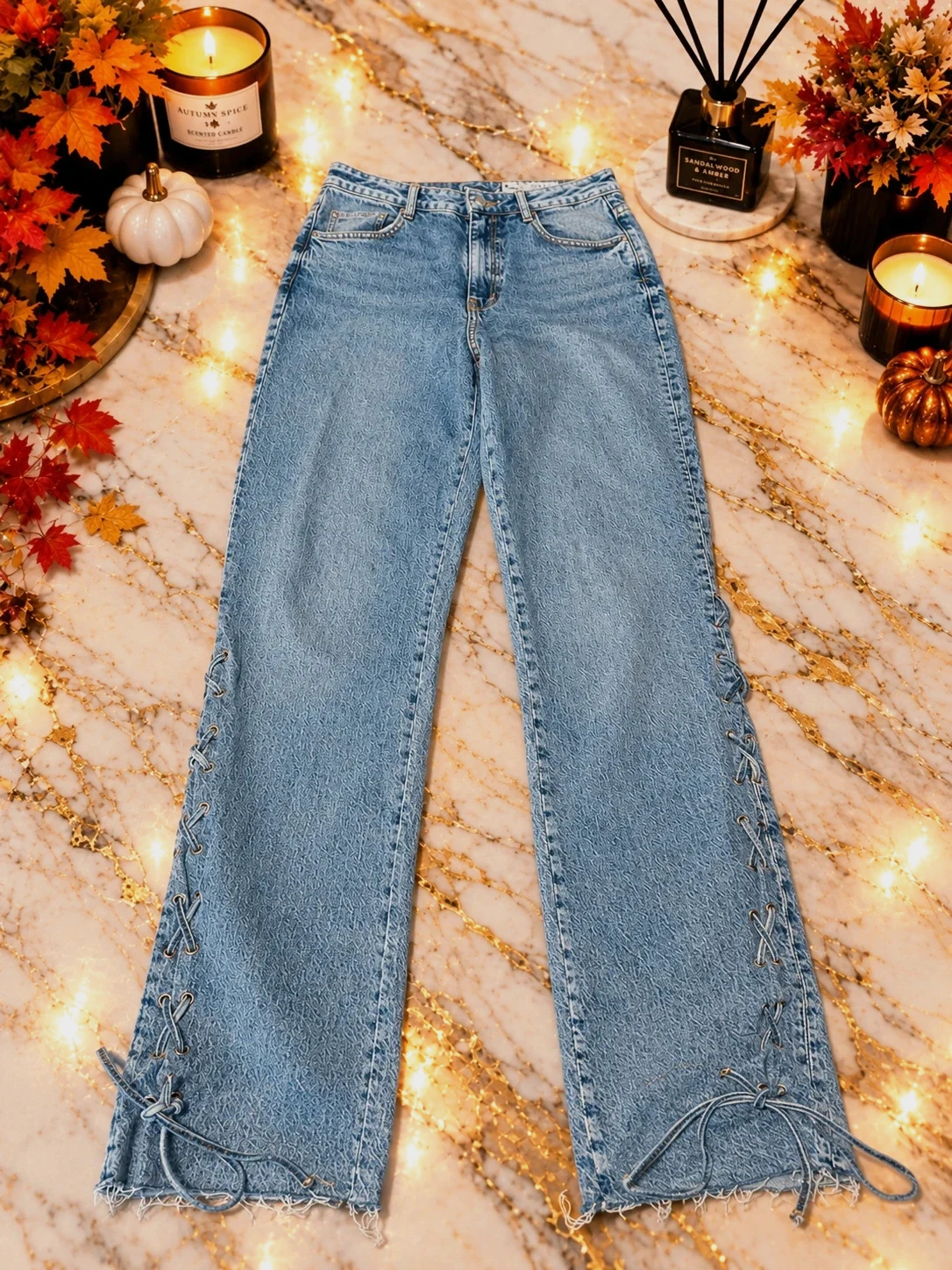 Jean Zara femme bleu délavé à lacets – Taille 40
