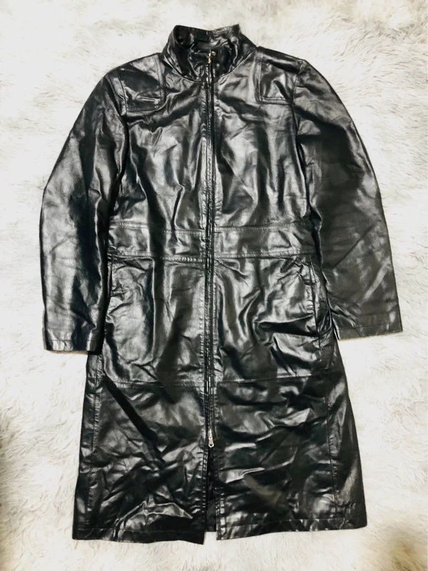 United Colors of Benetton Real Leather Overcoat Black Zip Stand Collar Matrix Y2K 00s Style - Size M