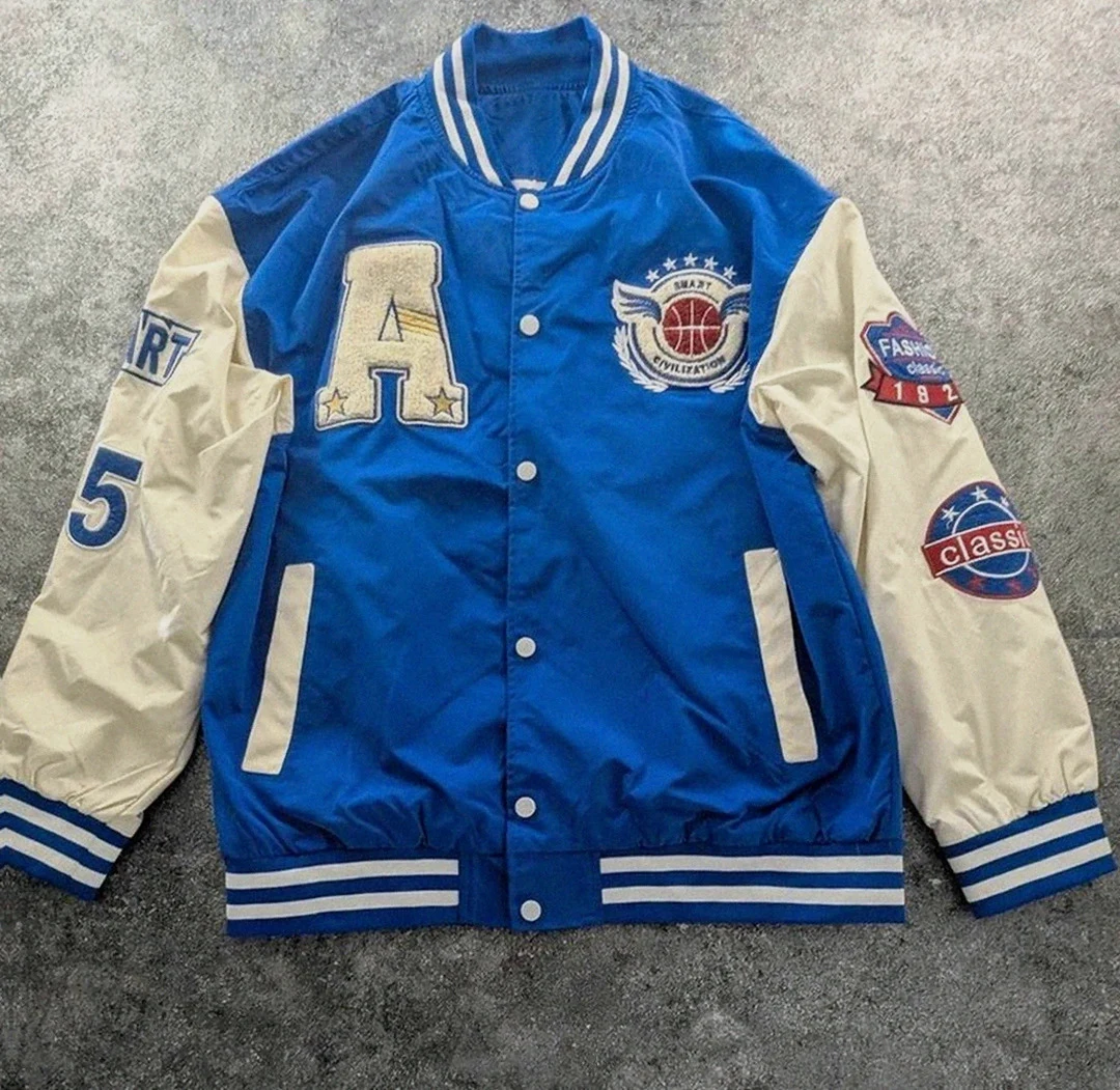 Veste college varsity bleu blanc vintage coupe oversize