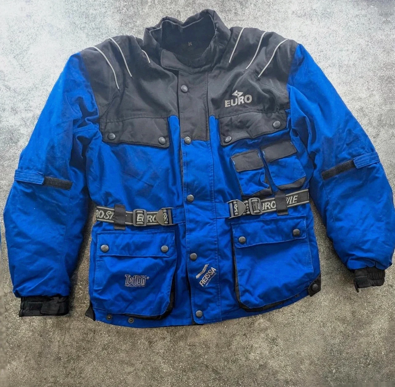 Veste moto eurostyle vintage coques protections teflon touring biker bleu noir taille M