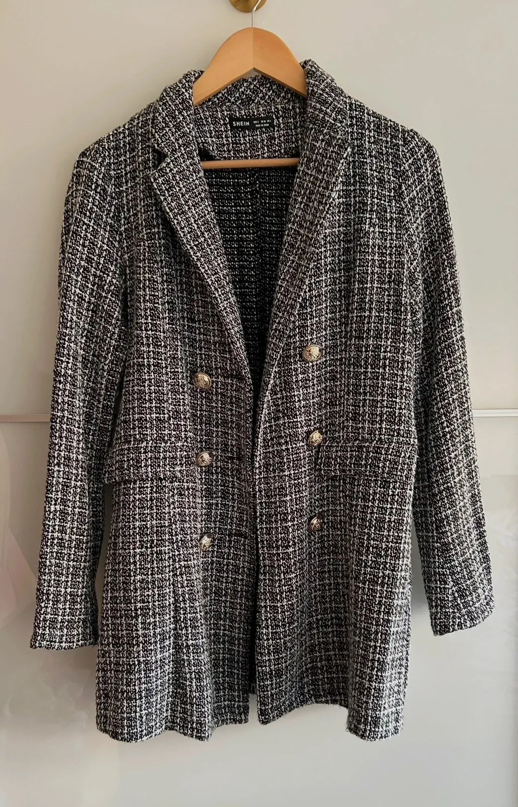Veste longue 36 noir blanc tweed boutons dorés chic tendance – Shein – taille S / 36 / 8 5