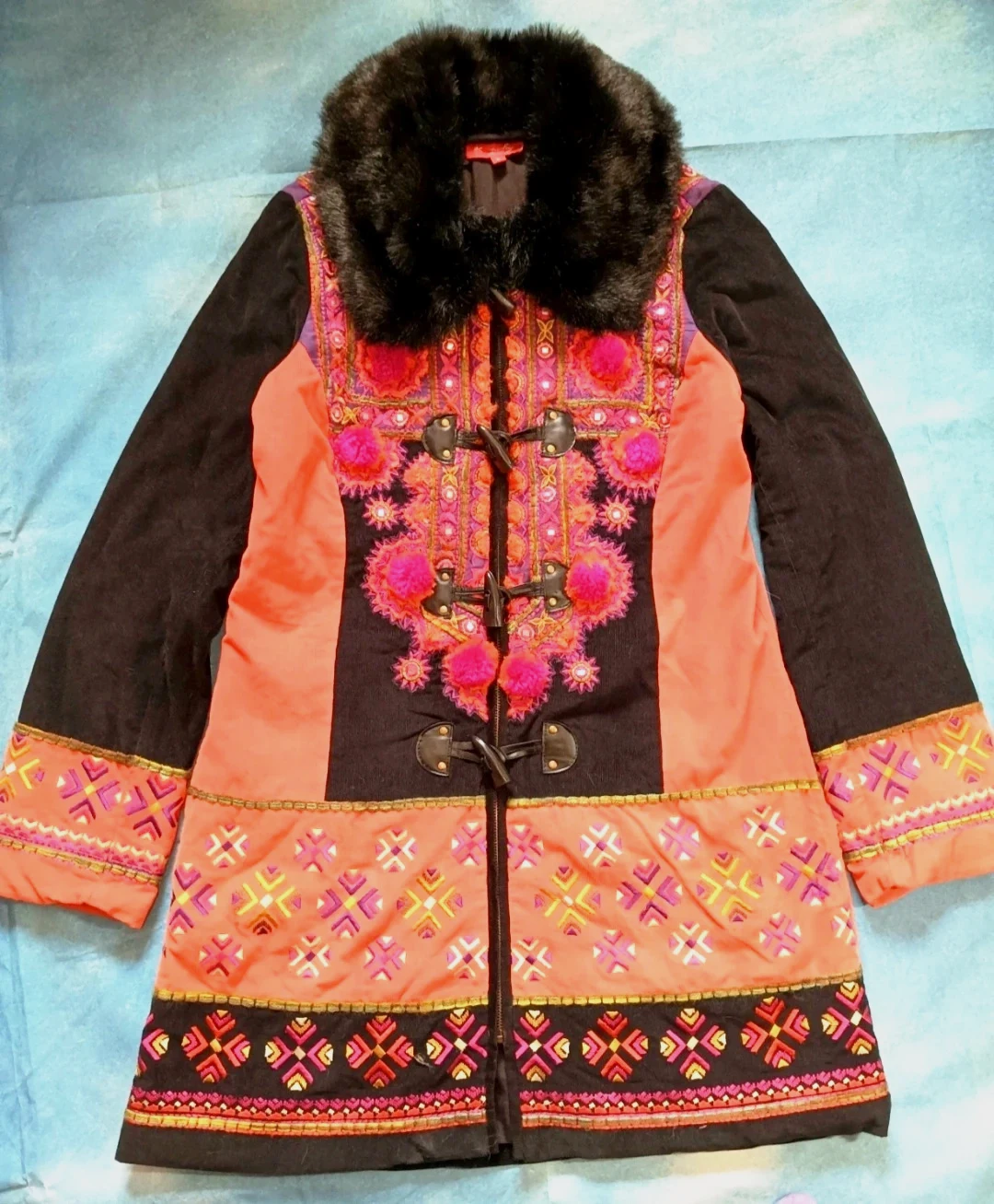 Derhy Boho Embroidered Winter Coat Faux Fur Collar Women's L