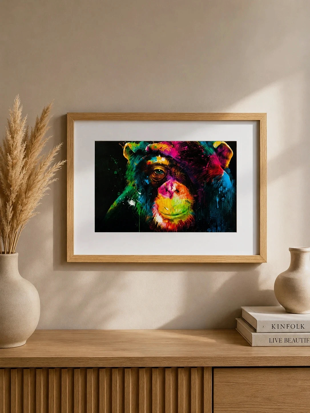 Affiche singe coloré avec cadre bois – décoration murale moderne