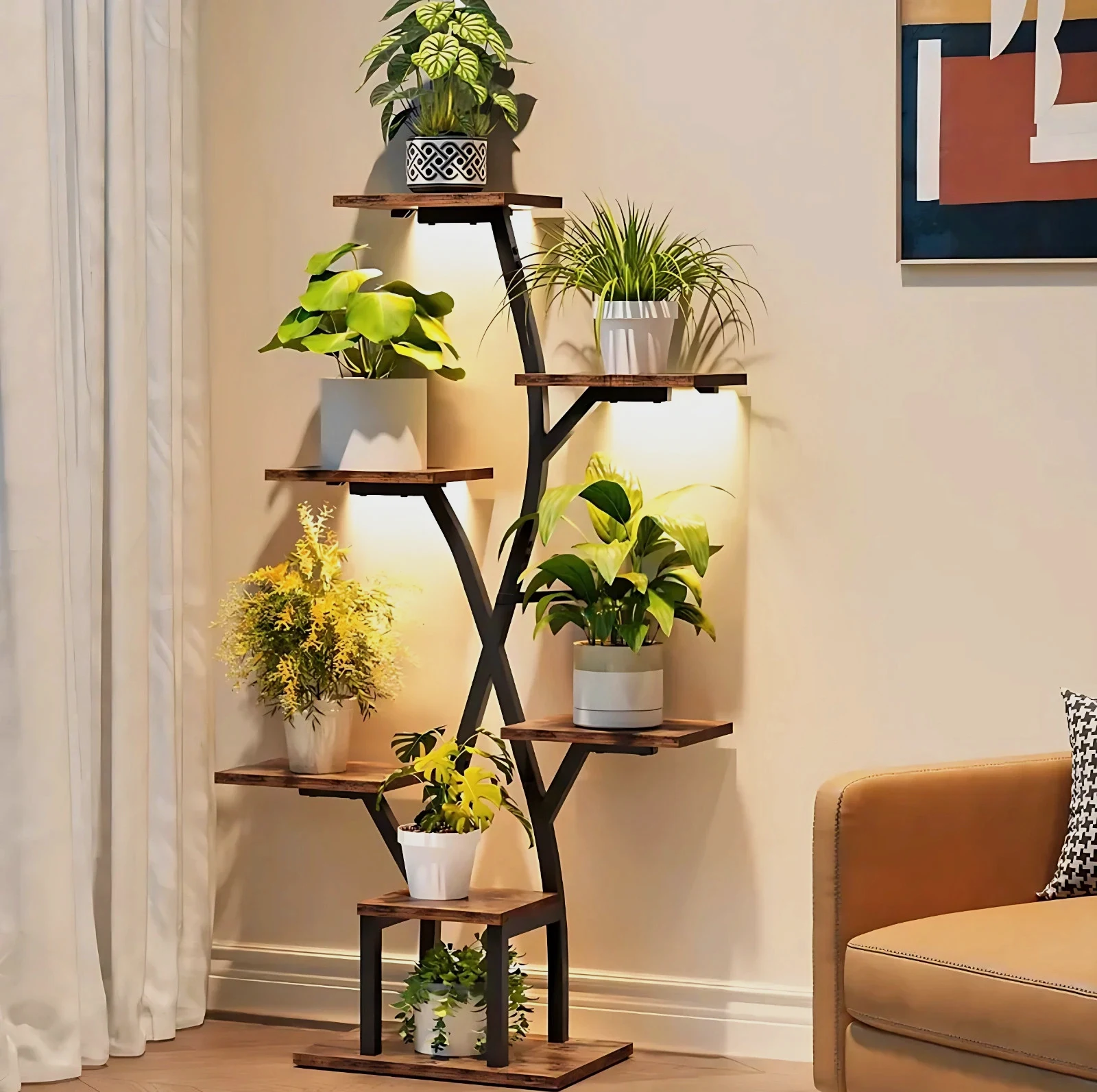 Porte-Plantes 7 Niveaux avec LED Marron et Noir – Étagère Métal Style Industriel et Moderne