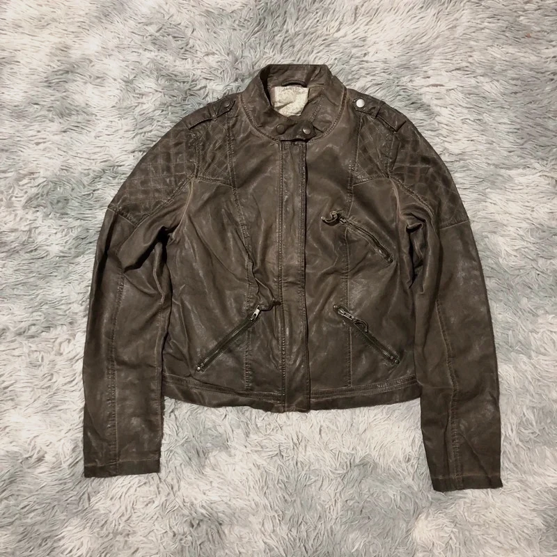 Denim Co. Primark Faux Leather Biker Jacket Tan Asymmetric Zip Quilted Elbows Y2K Style - Size UK 16