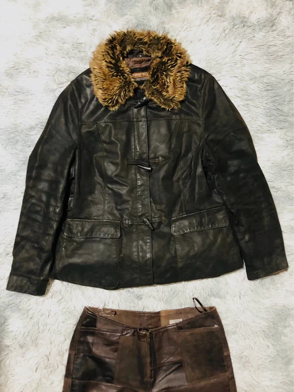 Human Nature Real Leather Coat Dark Brown Faux Fur Collar Toggles Zip Winter Vintage Style - Size XL