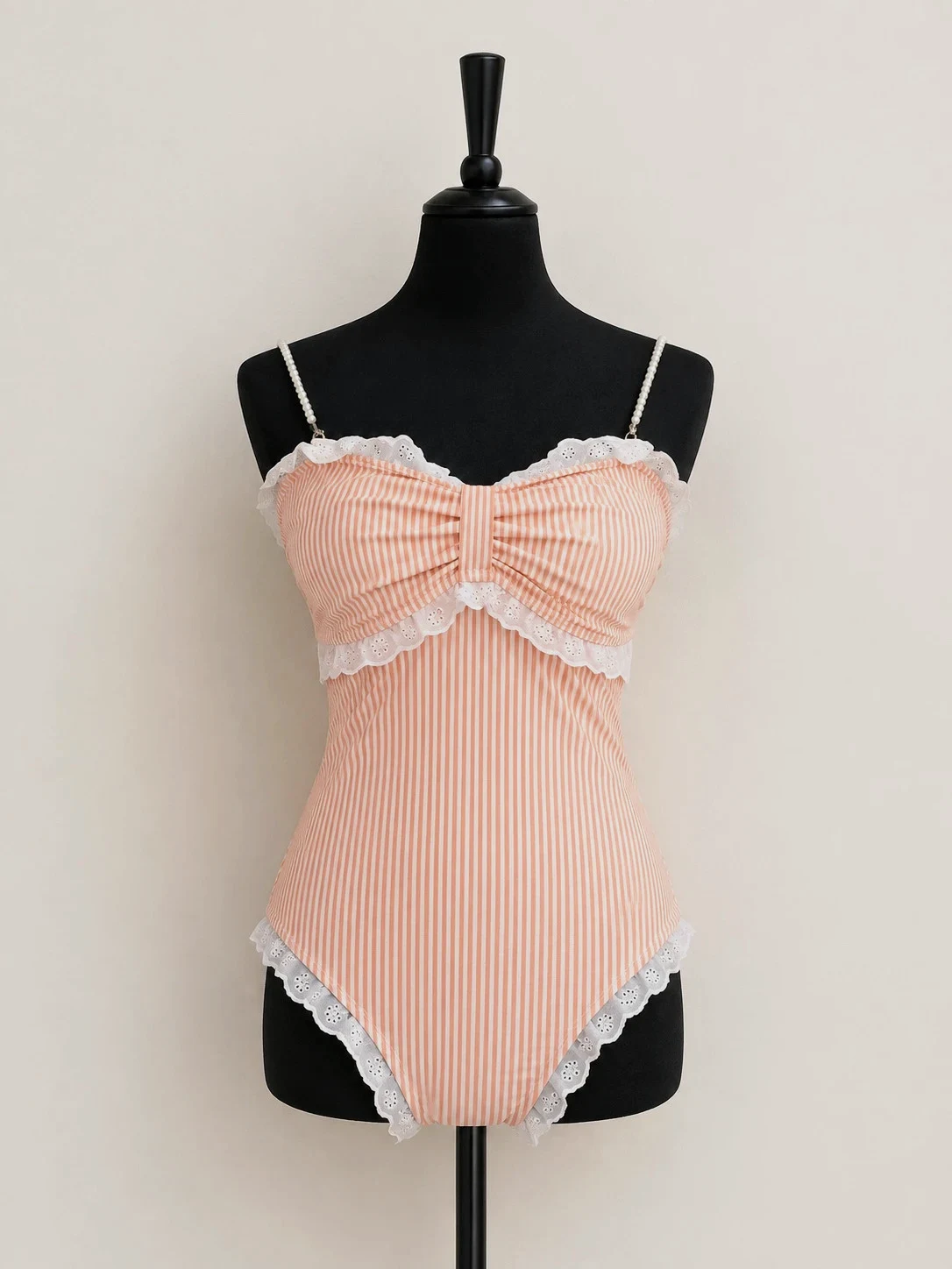 Maillot de bain 1 pièce rayé rose & blanc – Dentelle & perles – Taille XL