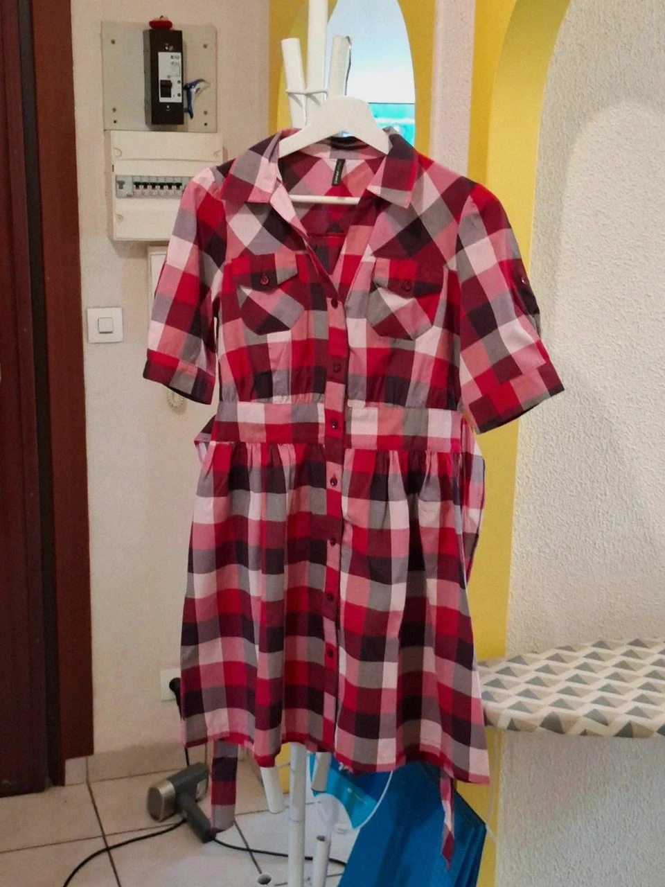 Robe à Carreaux Chemise Naf Naf - Rouge, Gris & Rose - Manches Courtes - Taille 38