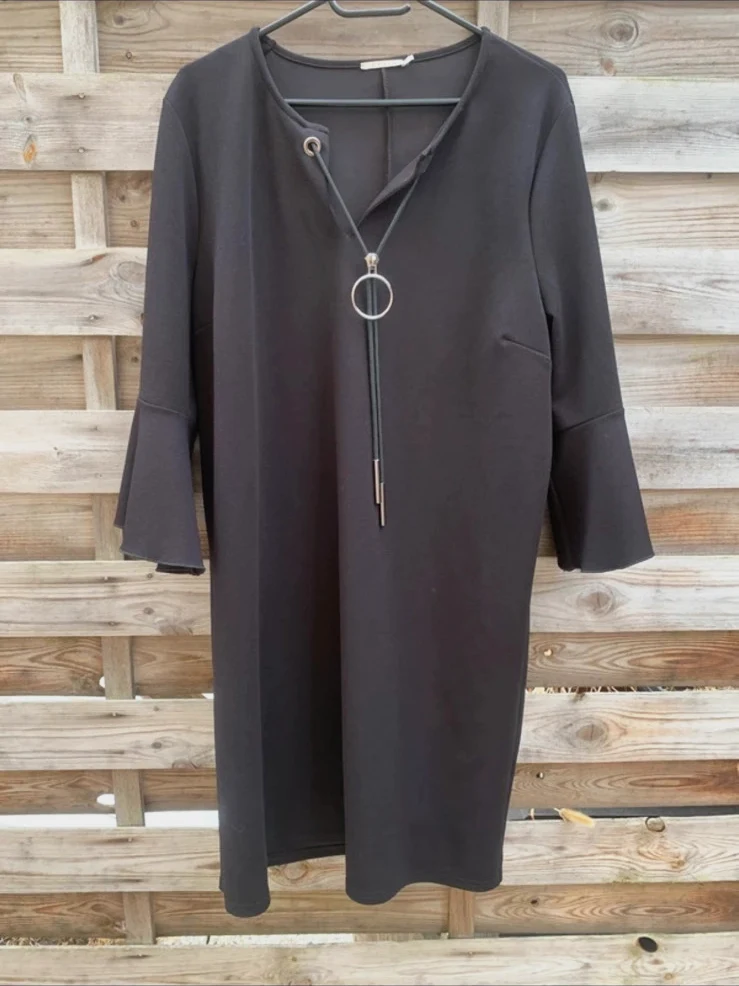 Robe noire Elora manches 3/4 évasées col zippé chic élégante taille 42/44 – ELORA – taille XL / 42 / 14