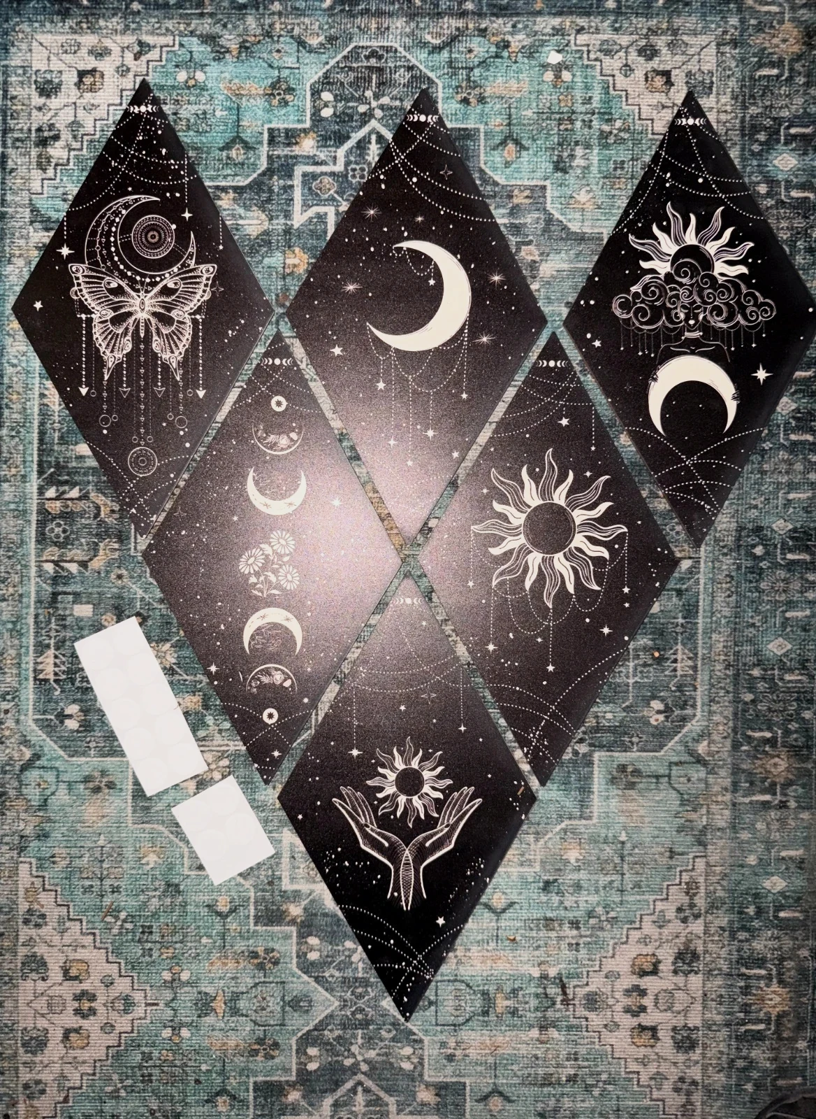 Lot 6 plaques murales bois losange lune soleil céleste 17 x 29,5 cm