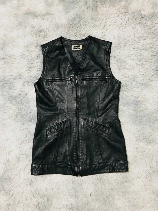 Somebody Genuine Pig Leather Vest Black Zip V Neck Zipped Chest Pockets Y2K Style Moto - Size S EU36