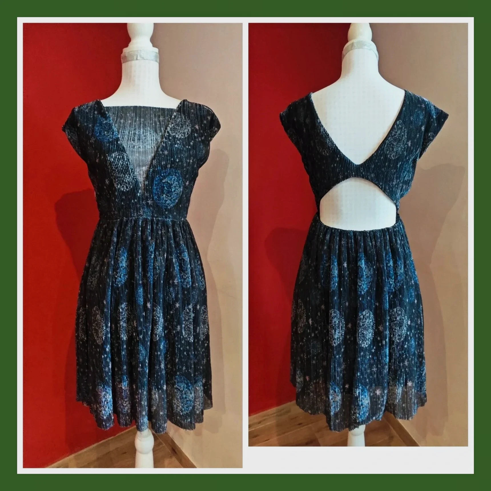 🌺 Elegante vestido para eventos de gasa plisada negra con brillos plateados y espalda abierta