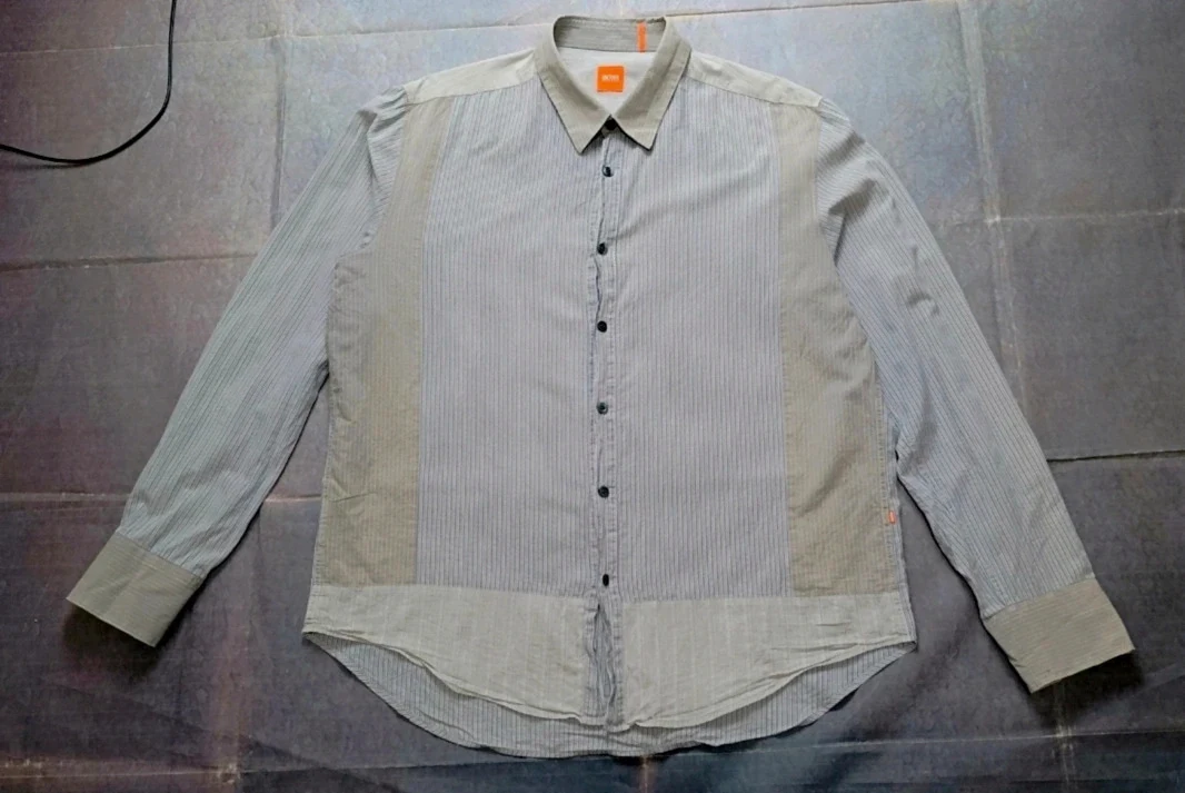 Hugo Boss Orange Shirt Size XL Gray Striped Long Sleeve Patchwork Design