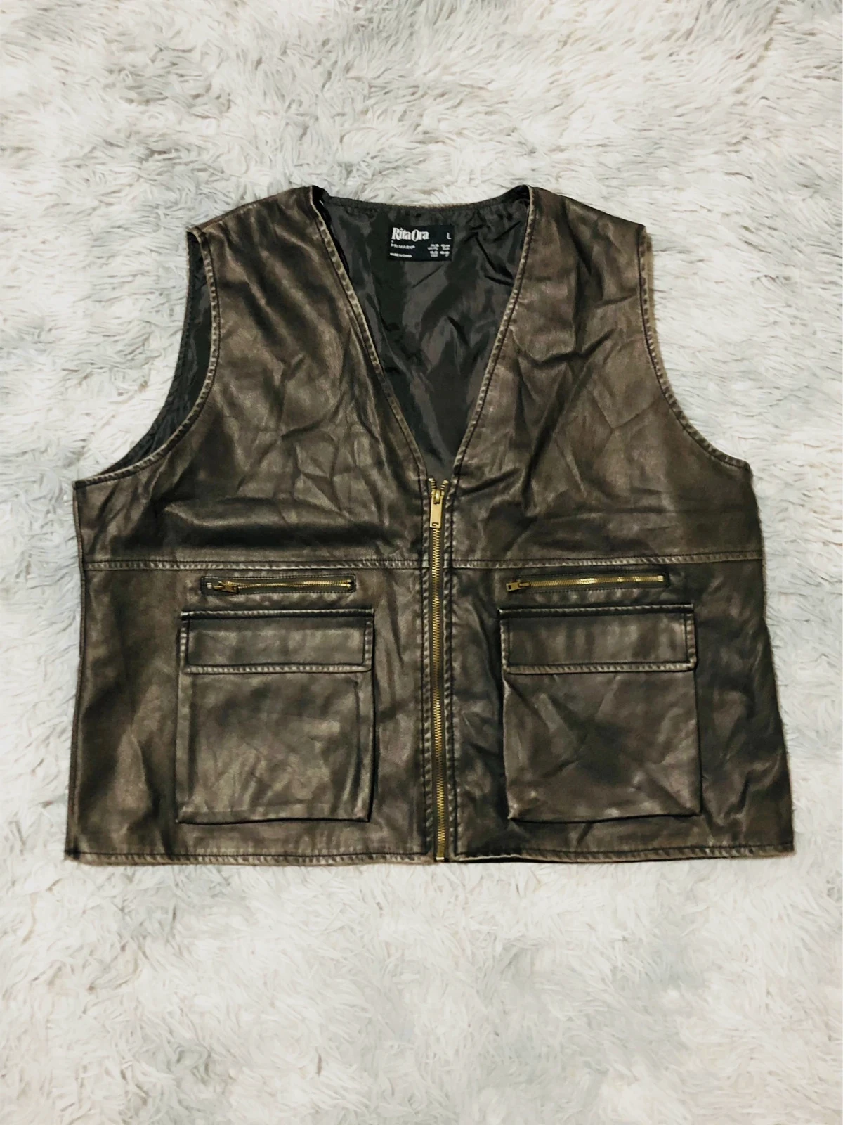 Rita Ora Primark Faux Leather Vest Brown Zip Front Cargo Pockets Sleeveless Biker Y2K - Size L 42-44