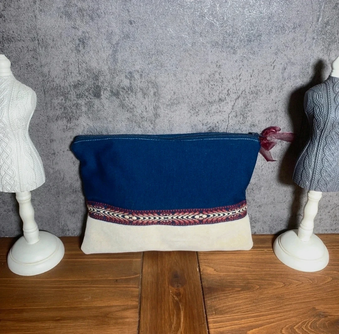 Navy Blue and Beige Fabric Toiletry Bag with Zipper Closure