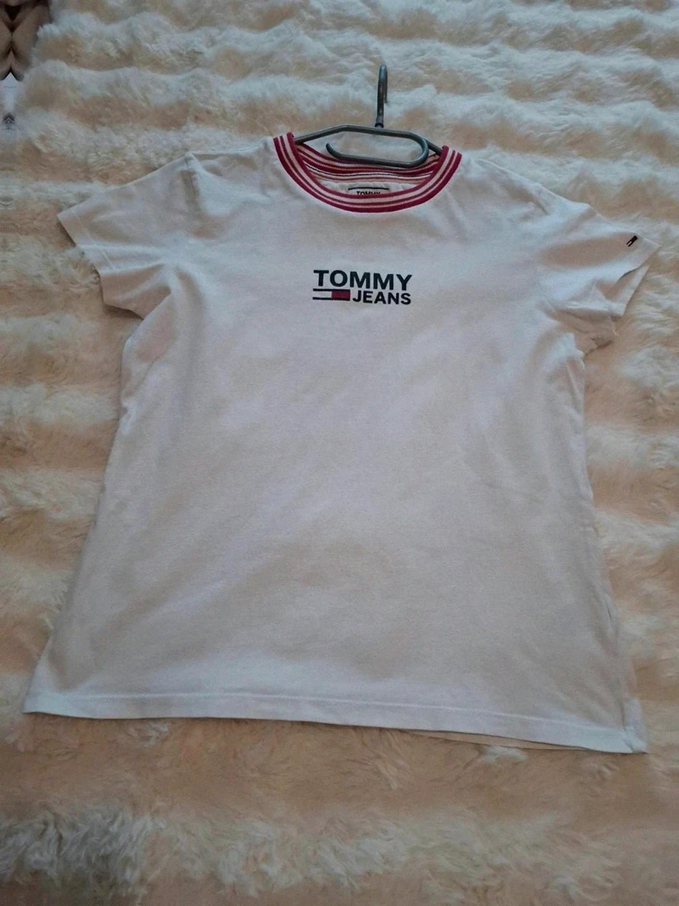 T-shirt Tommy Jeans col rayé rouge blanc - Taille XS