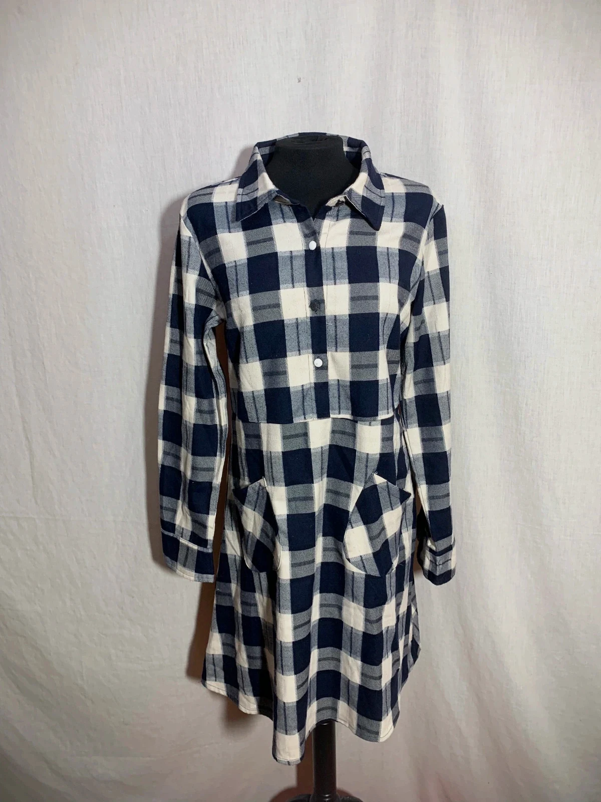 Vestido Camisero de Cuadros Azul y Blanco Manga Larga | Blue Check Shirt Dress