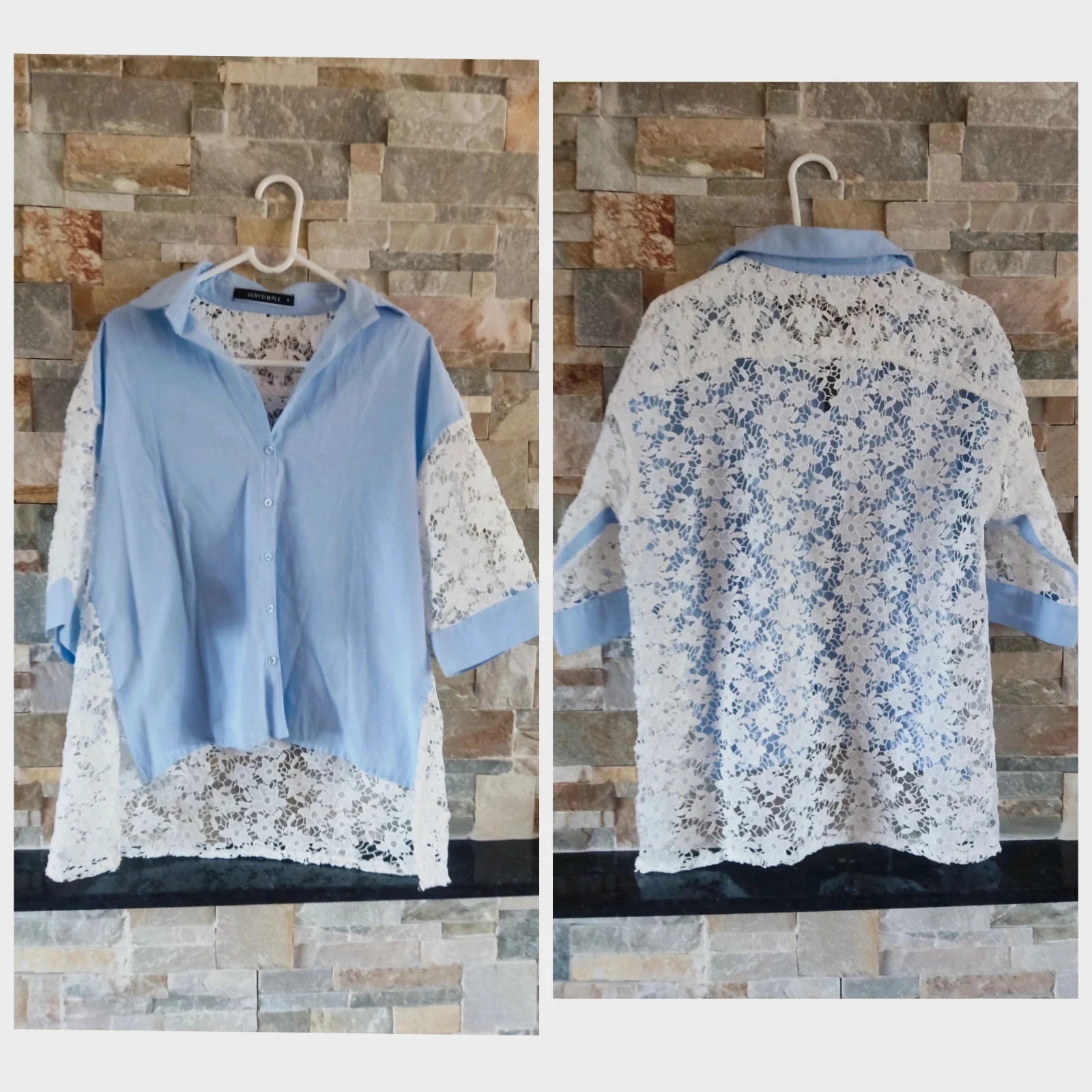 🔥Preciosa camisa azul con crochet blanco en mangas y espalda
