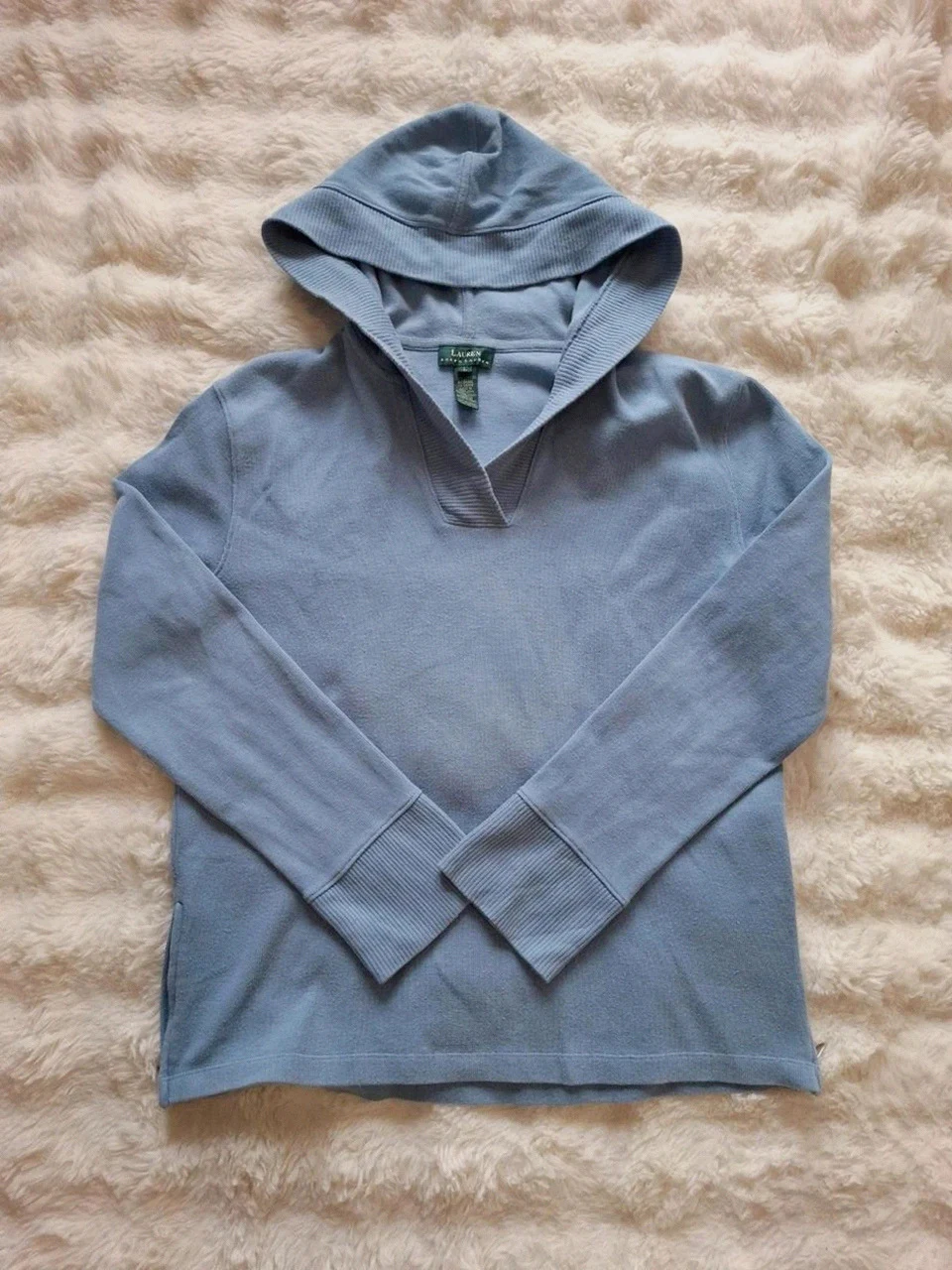 Sweat à Capuche Lauren Ralph Lauren en Maille Bleu Céleste T.L (40)
