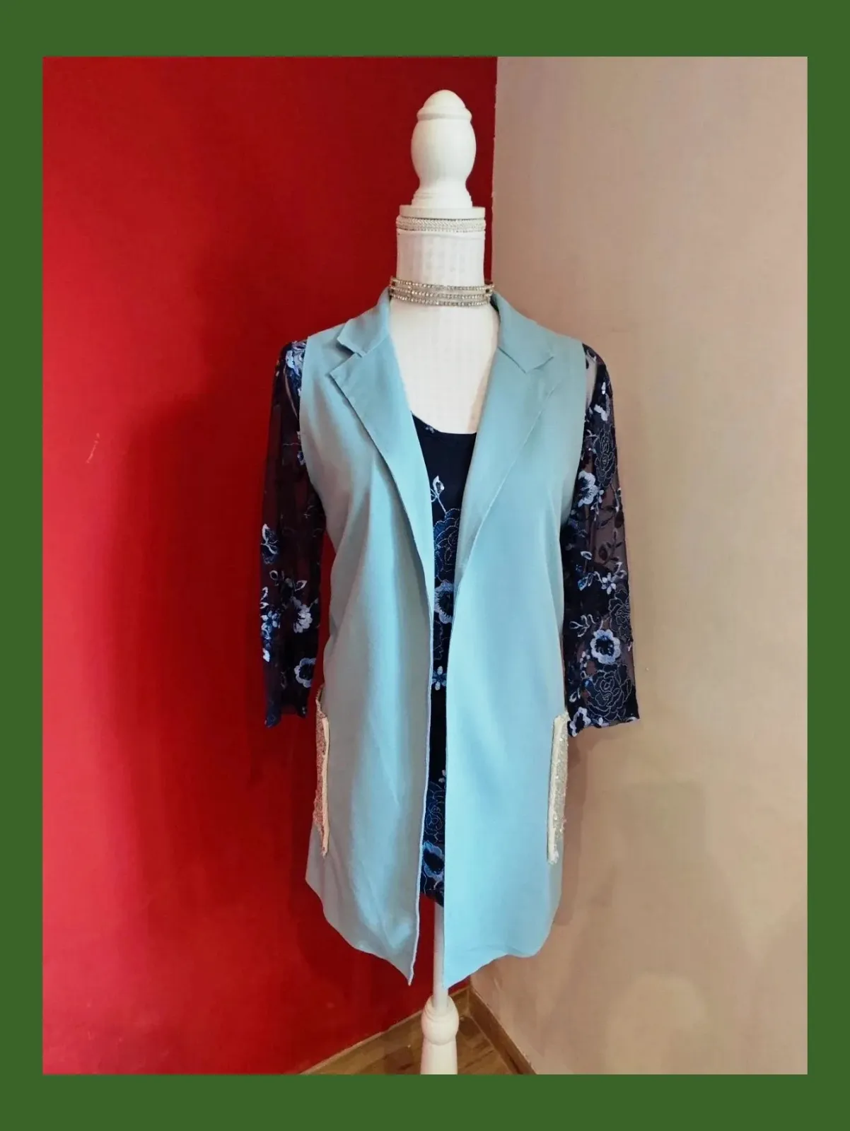 🌺 Chaleco blazer de vestir azul clarito y bolsillos con lentejuelas plateadas – Wiya – taille XXL / 44 / 16 2