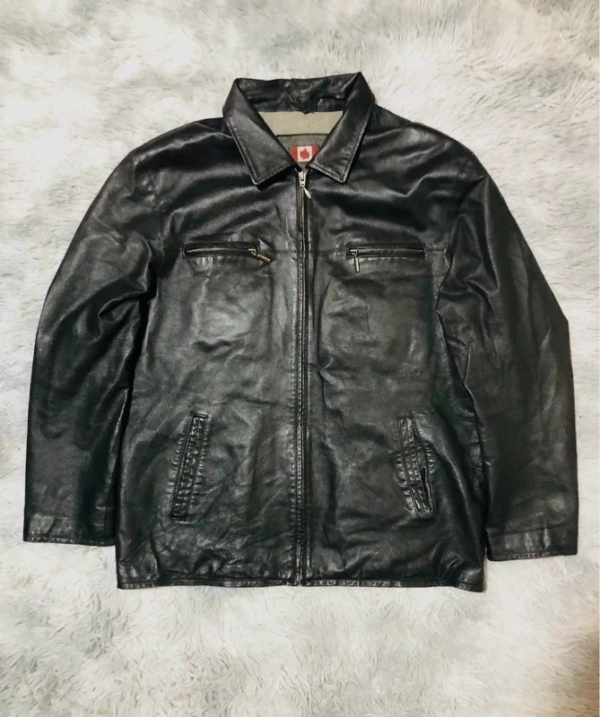 Angelo Litrico Black Leather Jacket Full Zip Chest Pocket Canadian Winter Lining - Size XL