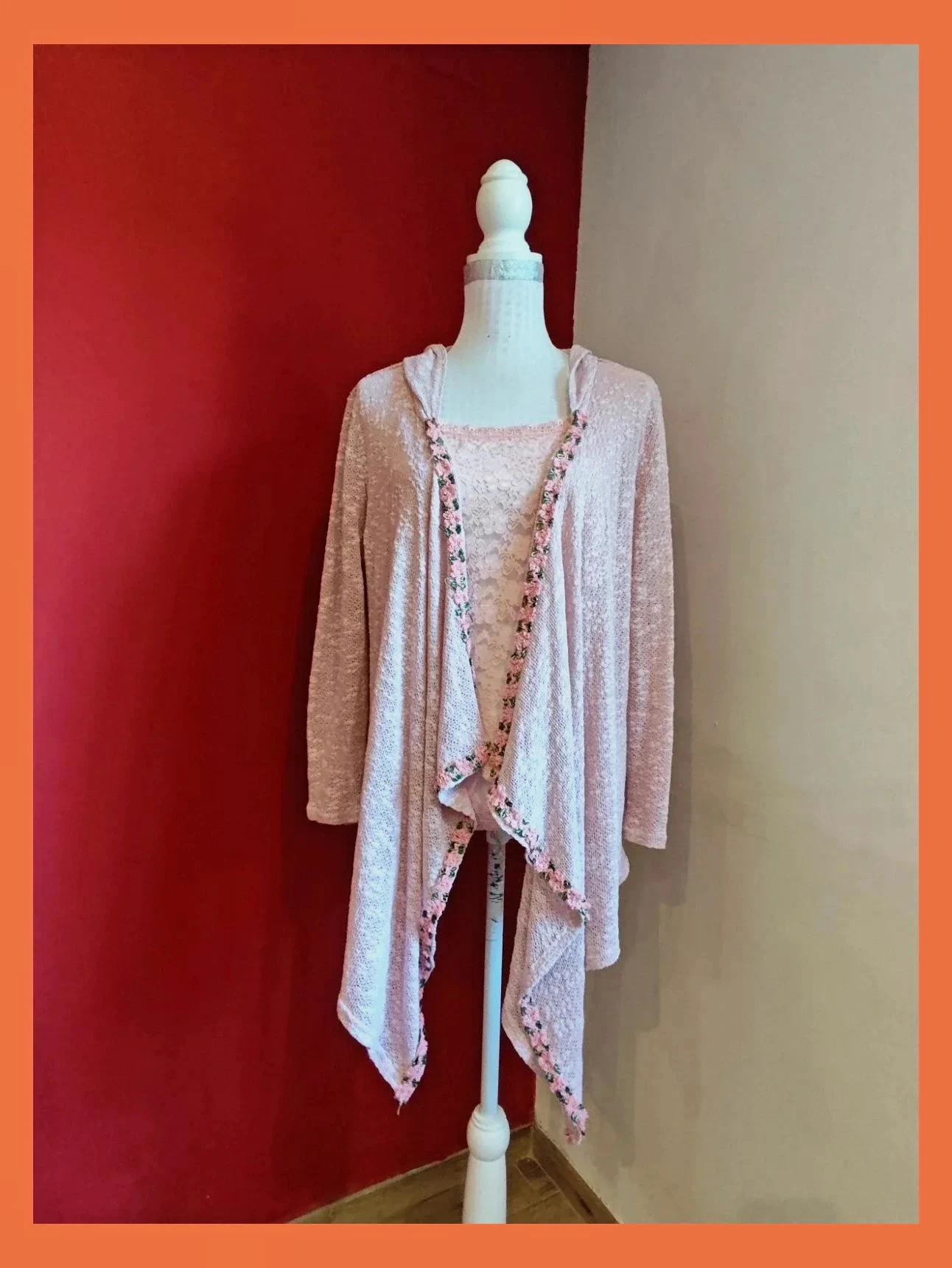 🌺Original chaqueta de punto de algodón rosa jaspeado con pasamanería bordada – Colours of the World – taille 4XL / 48 / 20