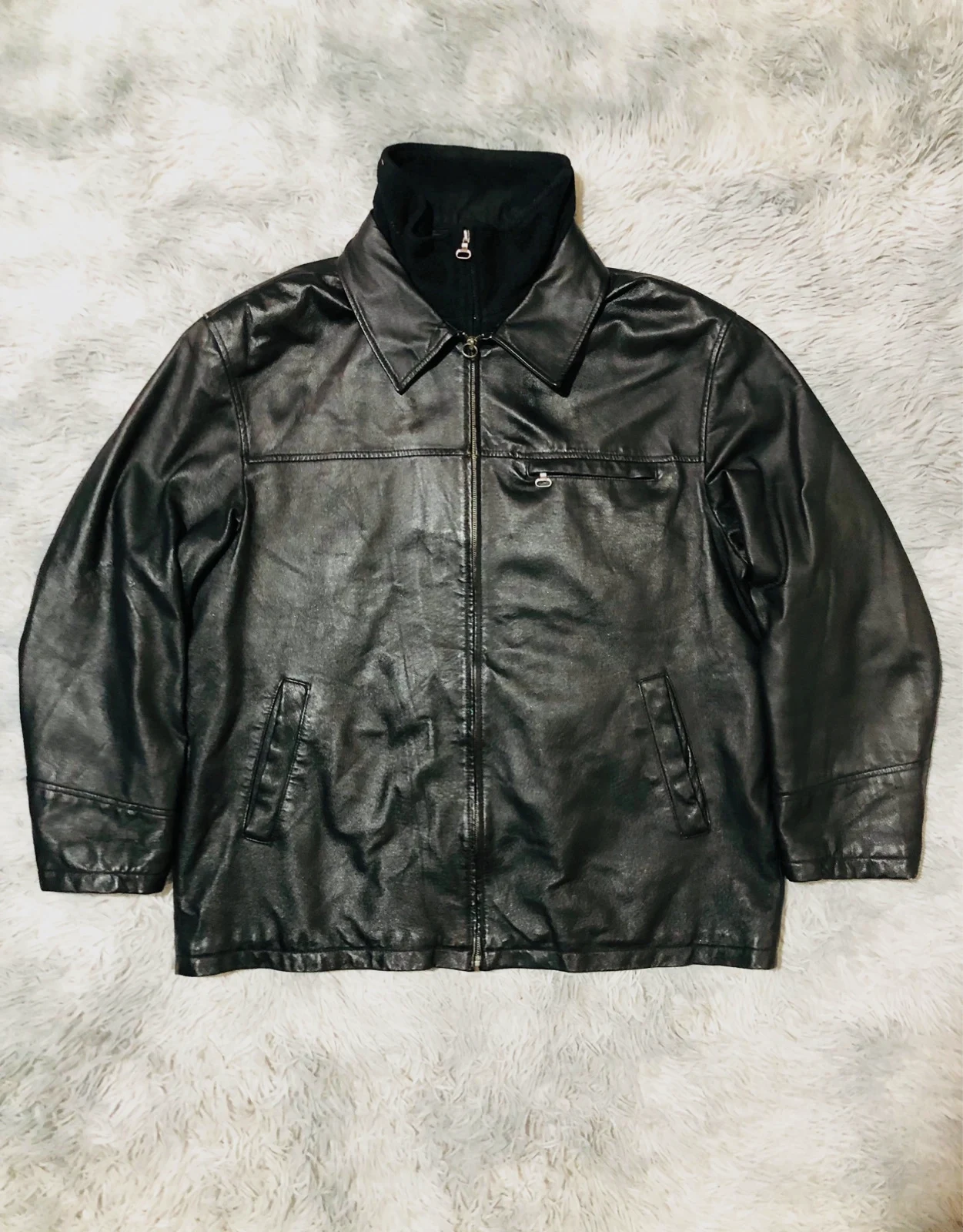ARMA Genuine Pig Leather Jacket Black Zip Front Removable Inner Collar Chest Pocket - Size XXL EU 56