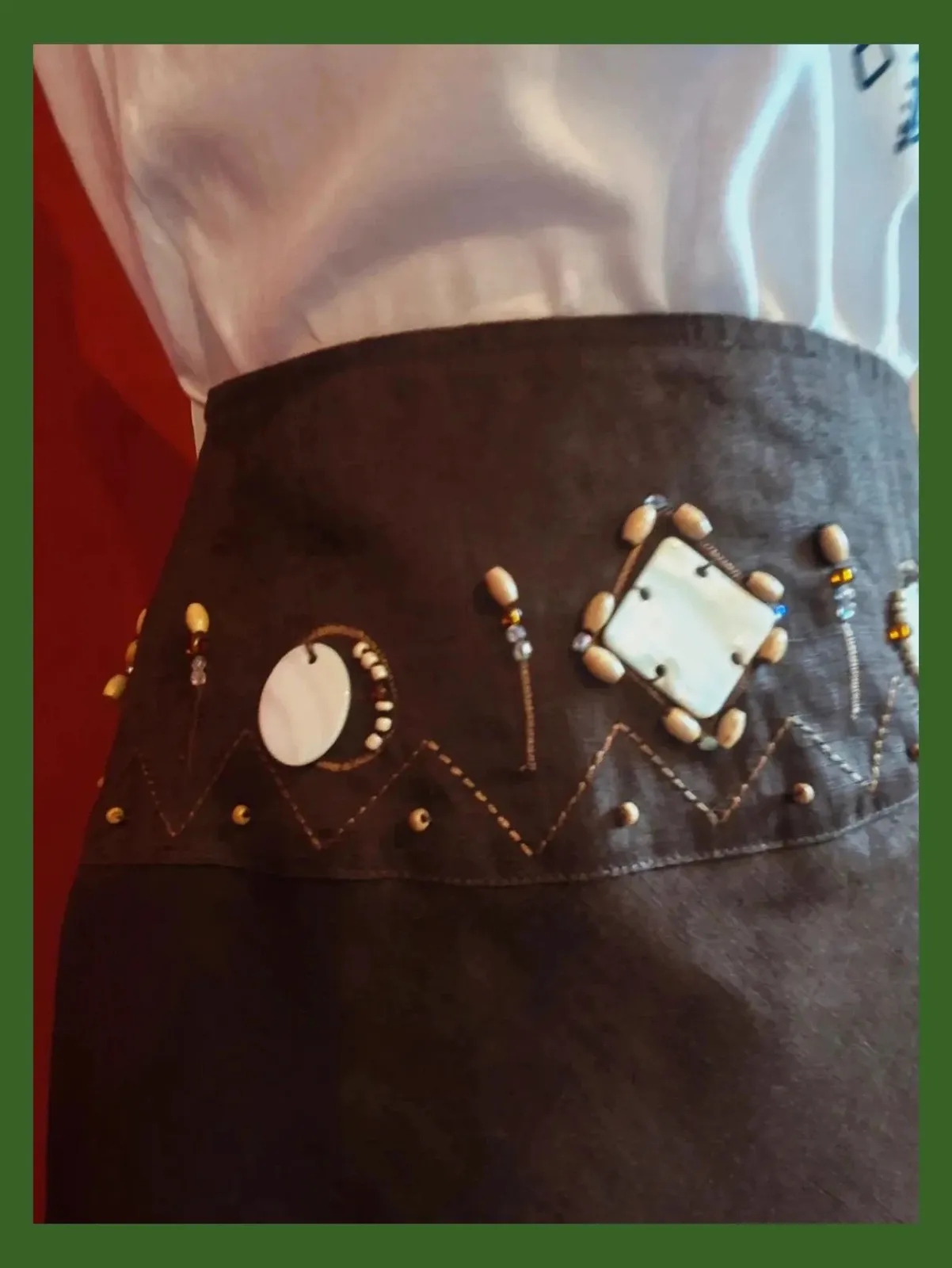 🌺 Elegante falda de lino y ramio marrón con piezas de madera y nácar en cintura – KY creation – taille L / 40 / 12 4