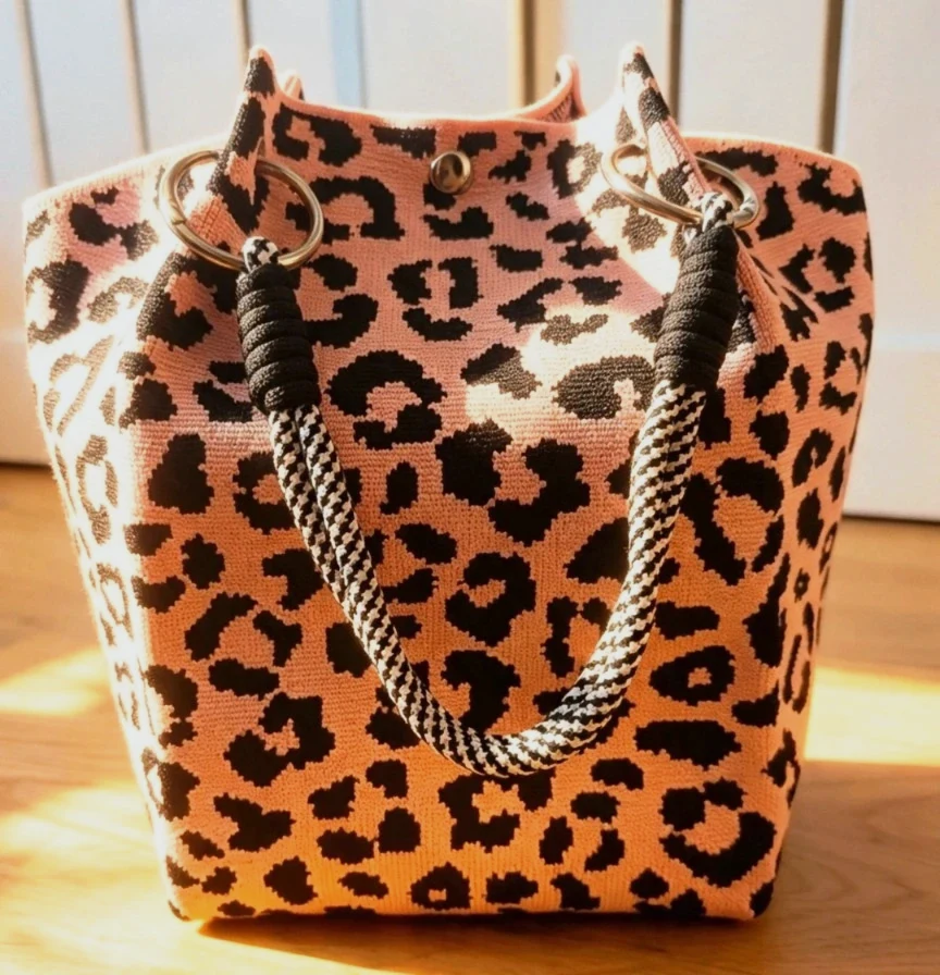 New Pink Black Leopard Print Knit Bucket Bag Rope Handles Silver Hardware Boho Festival Indie Hippie