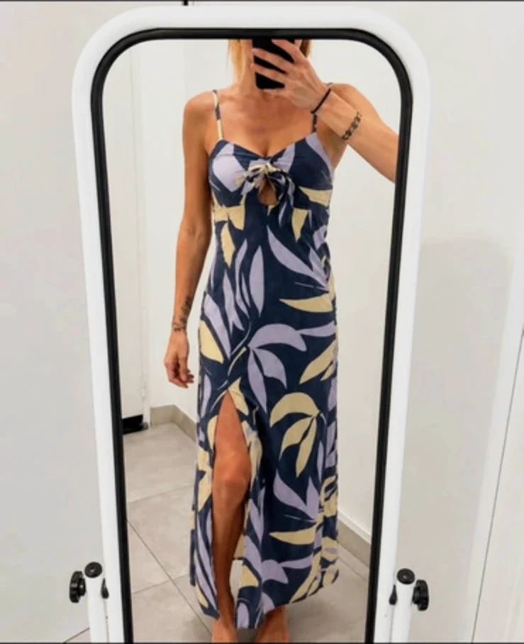 Robe longue fendue Etam imprimé tropical XS/34 🌸