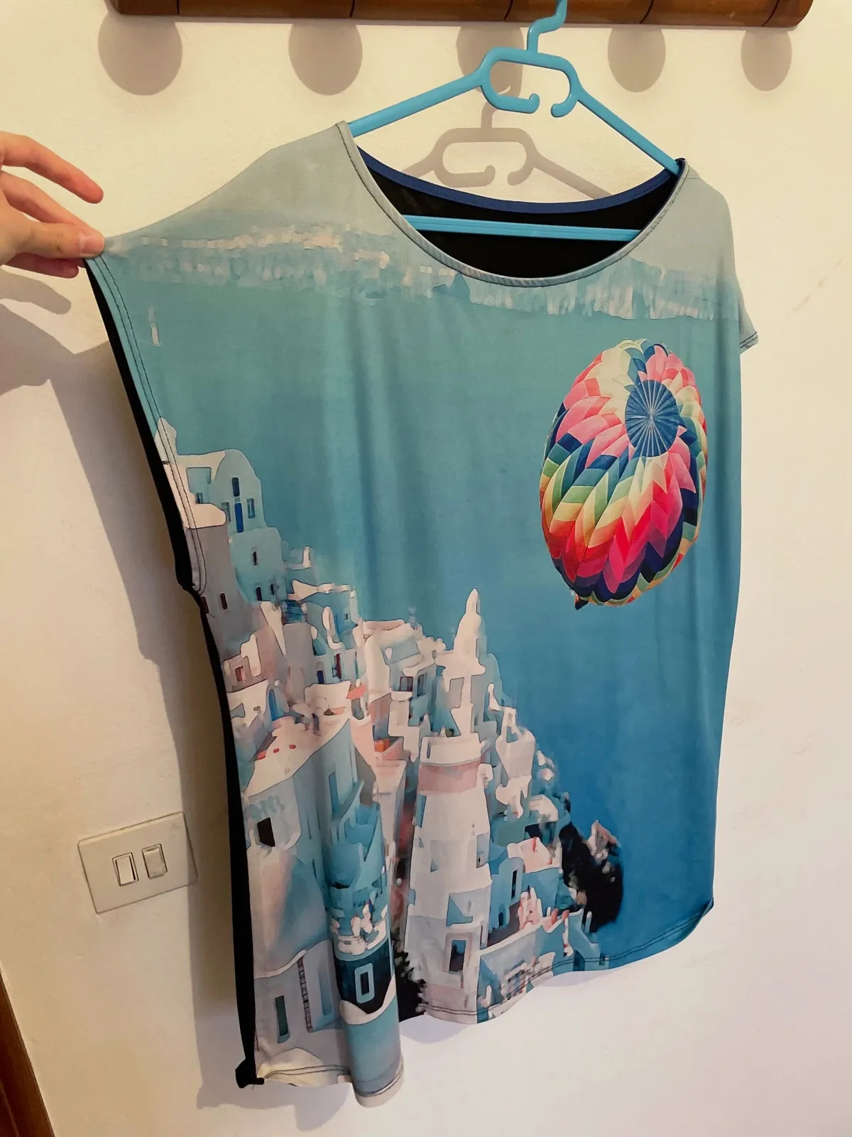 Camiseta azul paisaje Santorini y globo - Talla XL - Estilo artístico – grecia – taille XL / 42 / 14 3