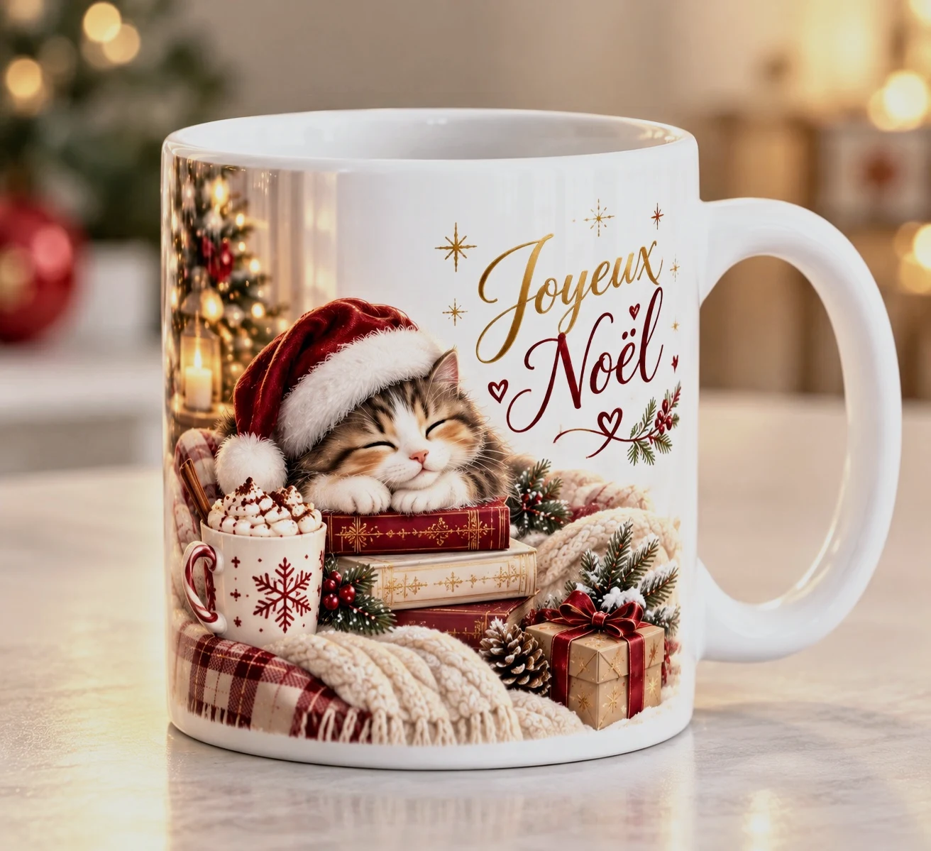 Mug Noël Chaton Bonnet de Père Noël – Book Lover – Idée Cadeau Originale 