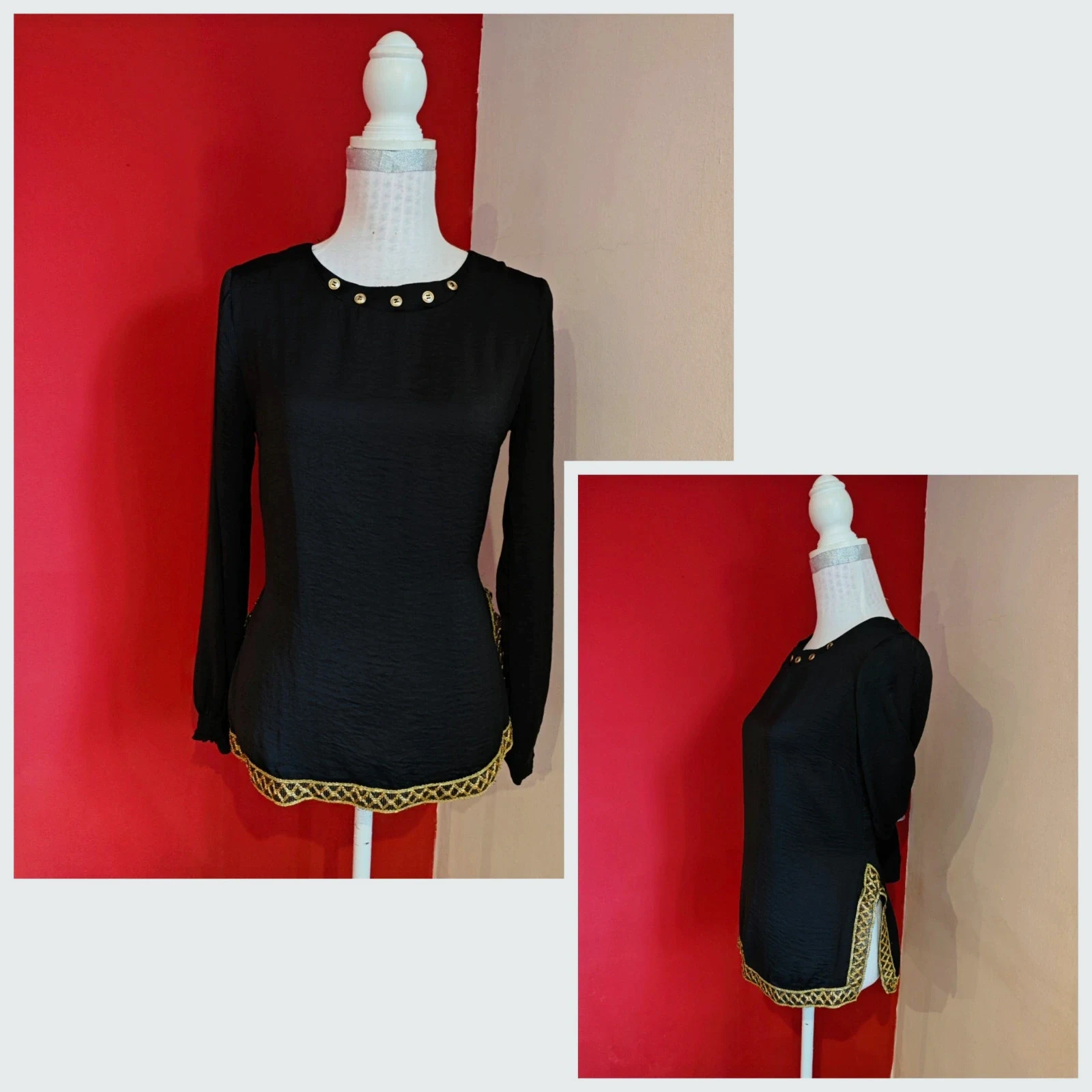 🌺Blusa negra con botones dorados en cuello y pasamanería dorada en bajo, talla M