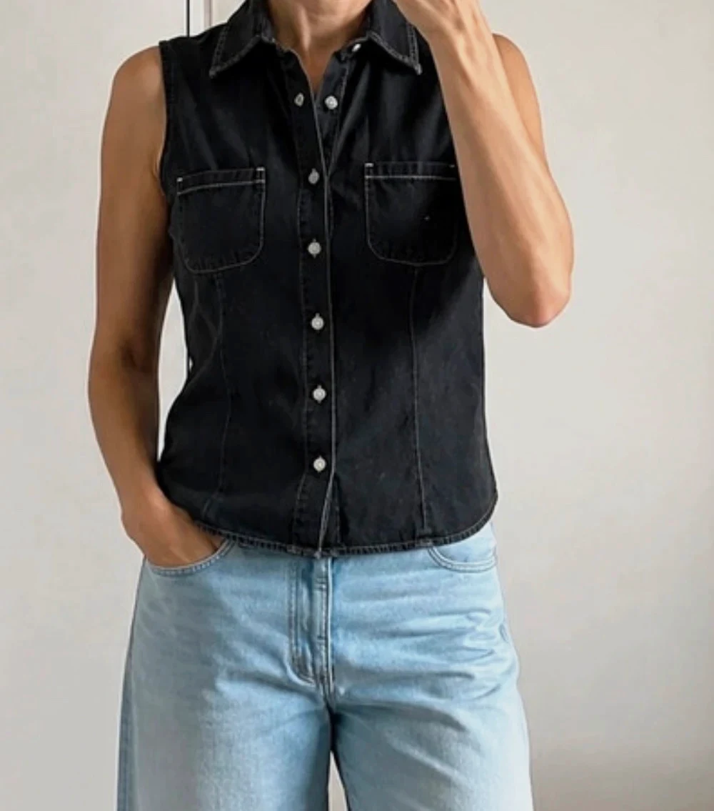 chemise sans manches effet denim noir délavé y 2k vintage 36/38