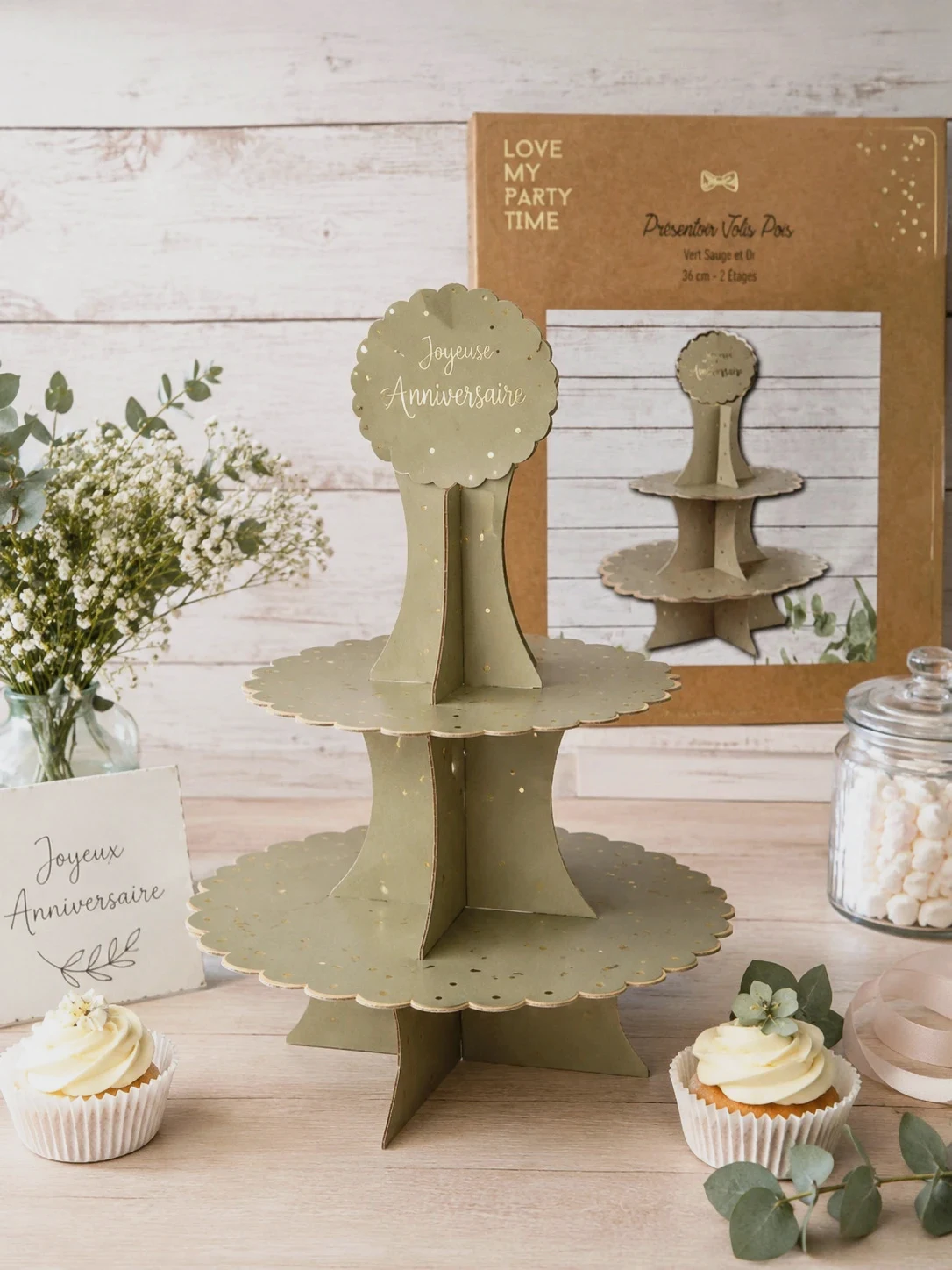 Présentoir à gâteaux 2 étages vert sauge et or – Neuf – Conseil de la factory