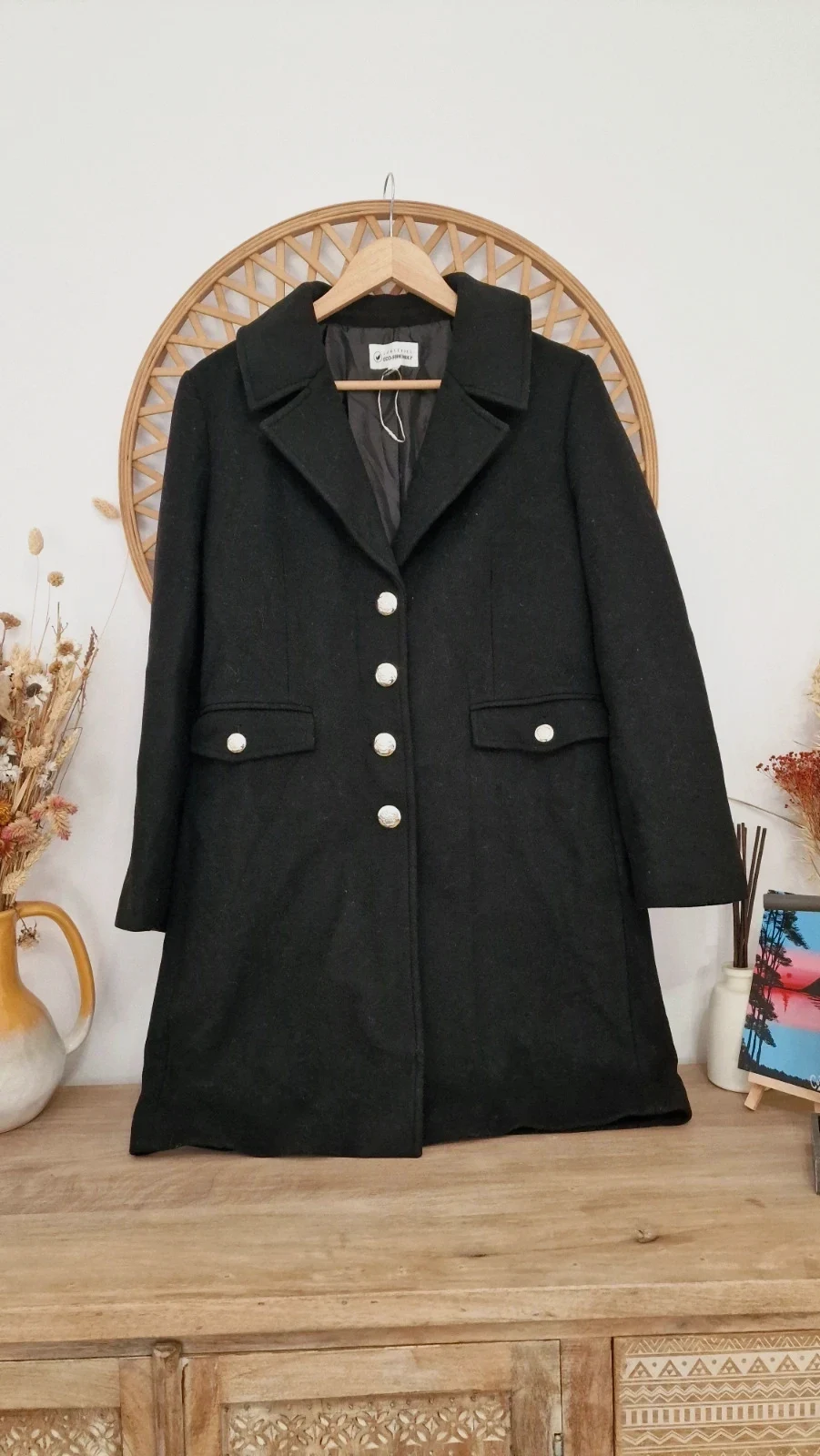 Abrigo largo negro Cortefiel mujer talla S botones joya elegante chic coat manteau cappotto