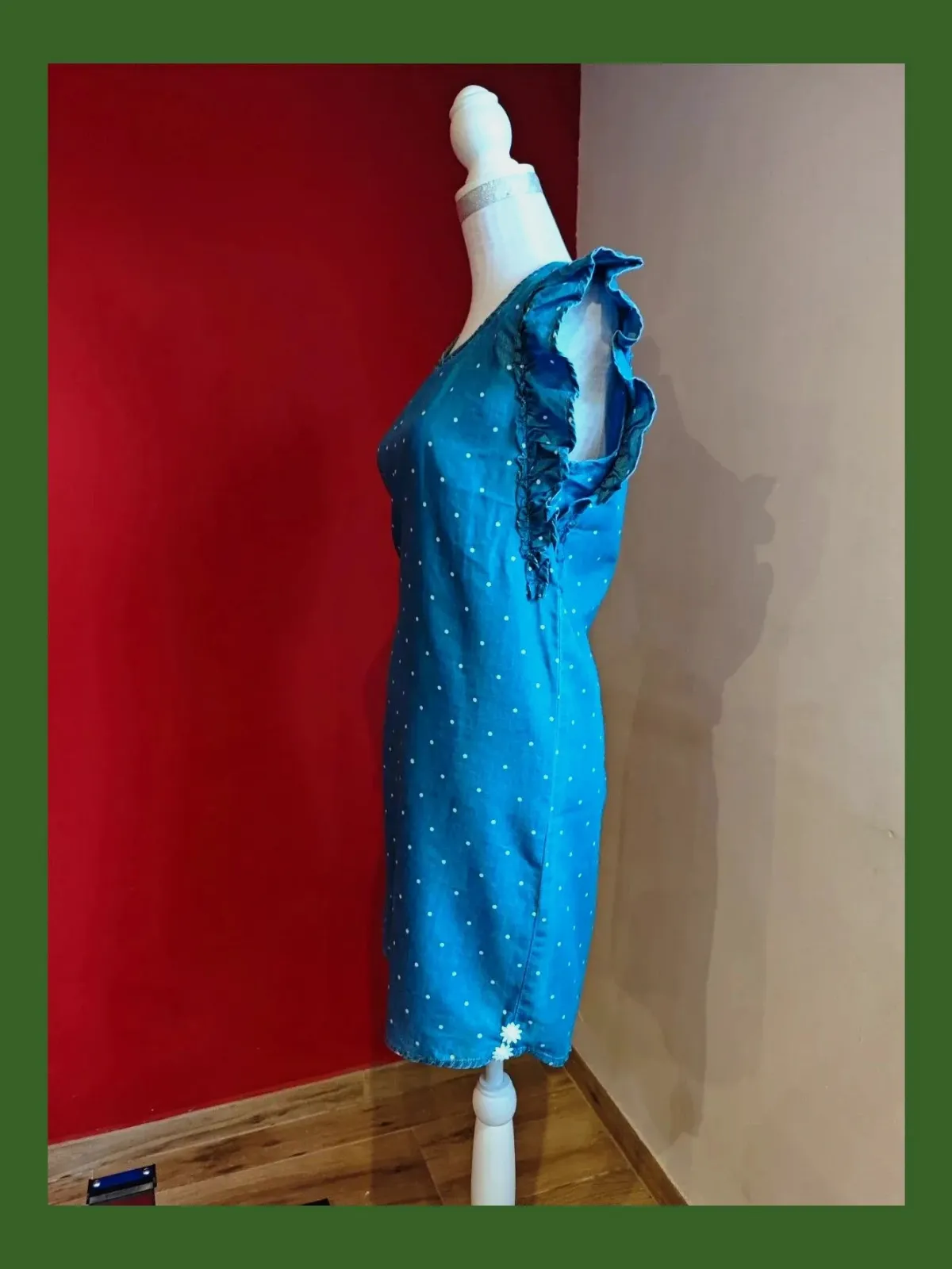🌺Vestido de tela fina vaquera de algodón con topos blancos y volantes en hombros, talla L – Unit – taille L / 40 / 12 2