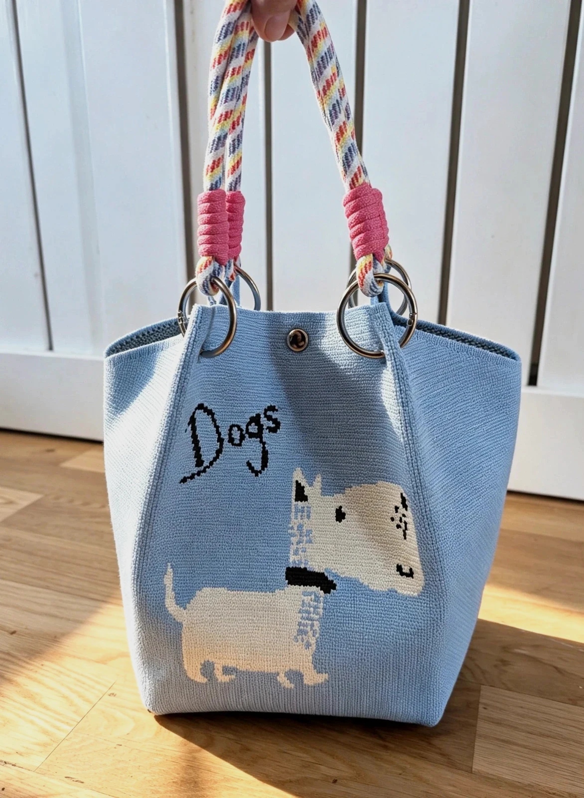 New White Dog Knit Bucket Bag Rope Handles Silver Hardware Boho Festival Indie Hippie