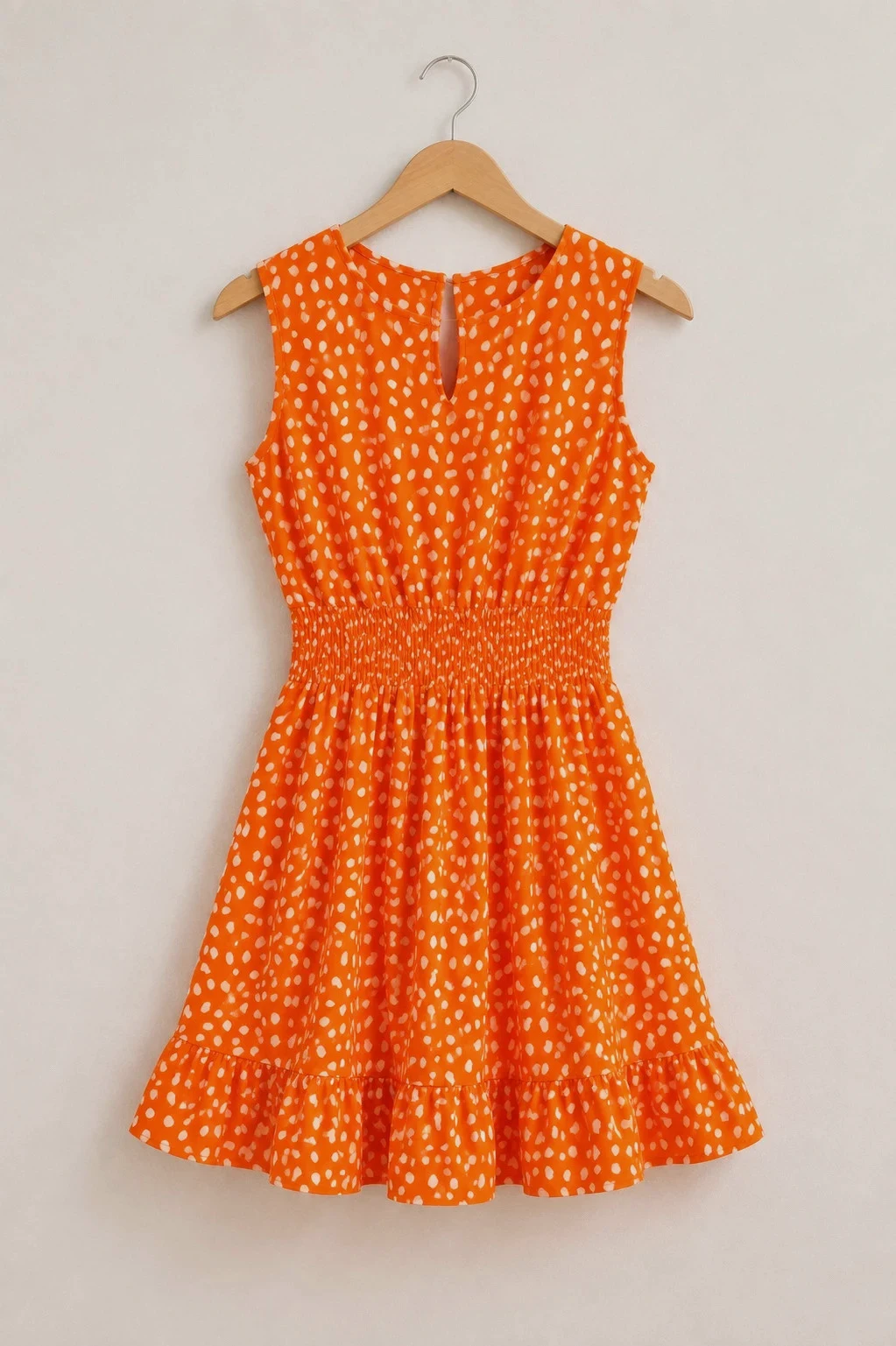 Robe courte orange à pois blancs – Taille smockée – Taille XL