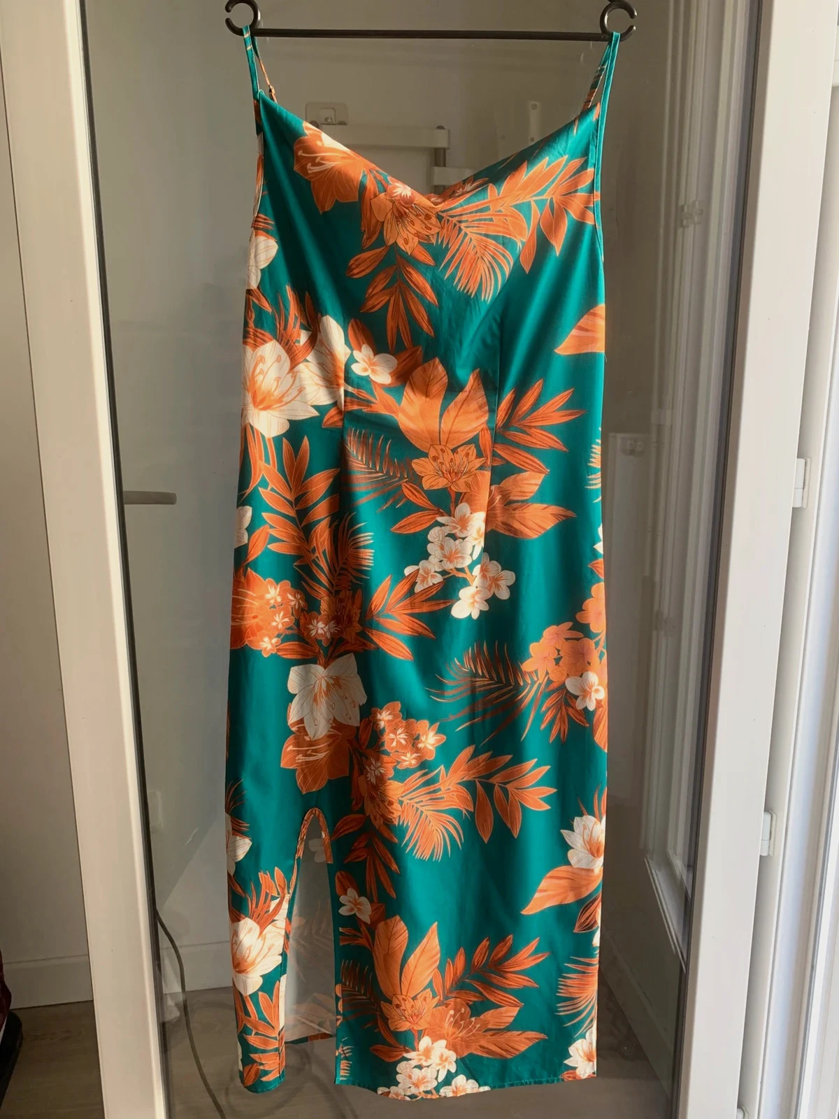 Robe longue Shein T.L – imprimé tropical vert émeraude & corail – bretelles réglables – Shein – taille L / 40 / 12