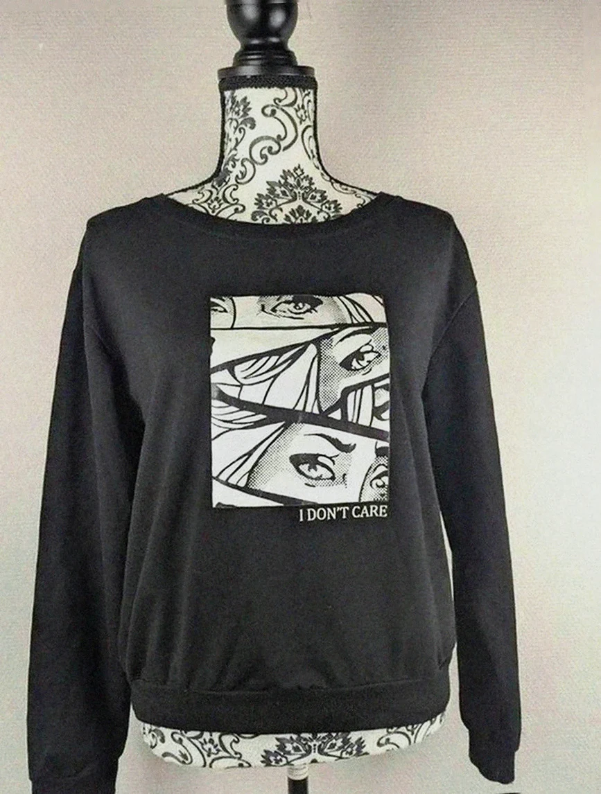 Sweat noir imprimé graphique “I don’t care” taille M vintage dressing imprimé artistique Pop art
