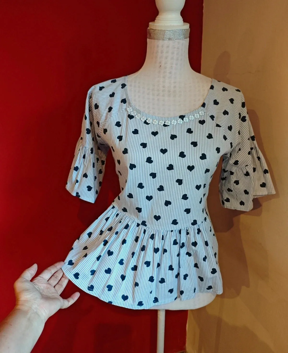 🌺Original blusa de algodón con rayitas azules y blancas y corazones, talla M – NCY moda – taille M / 38 / 10 4