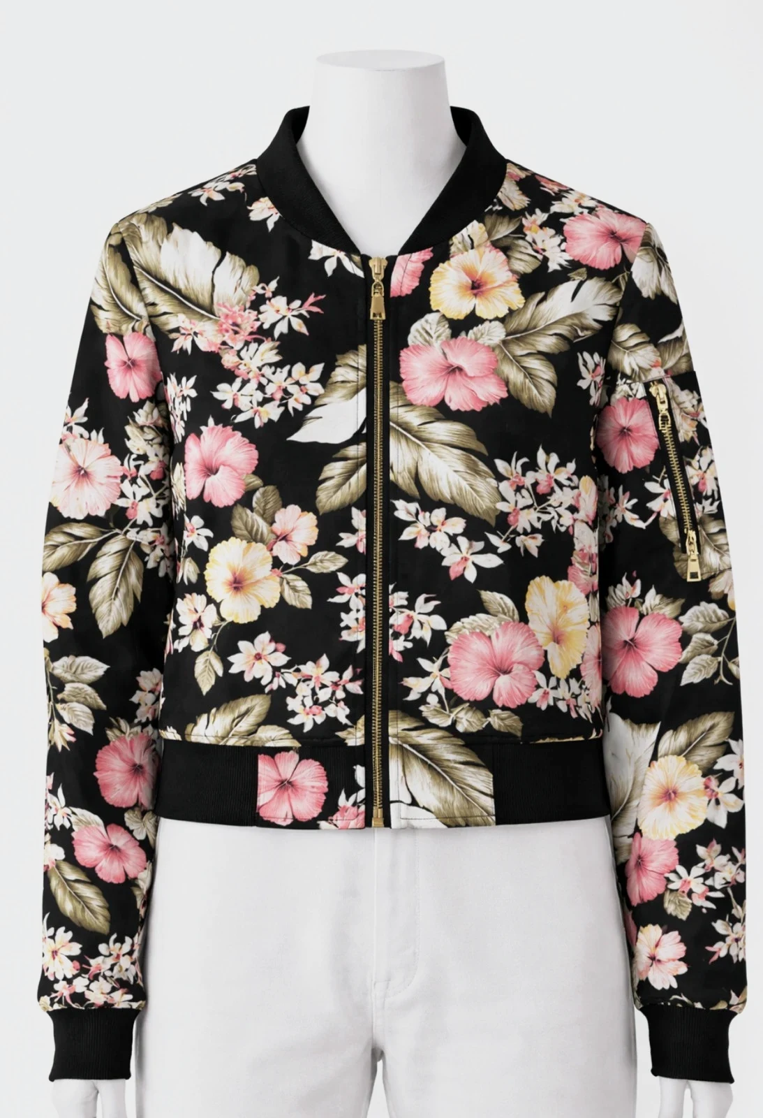 Bomber fleuri ultra tendance zip doré style chic – Orcelly – taille S / 36 / 8
