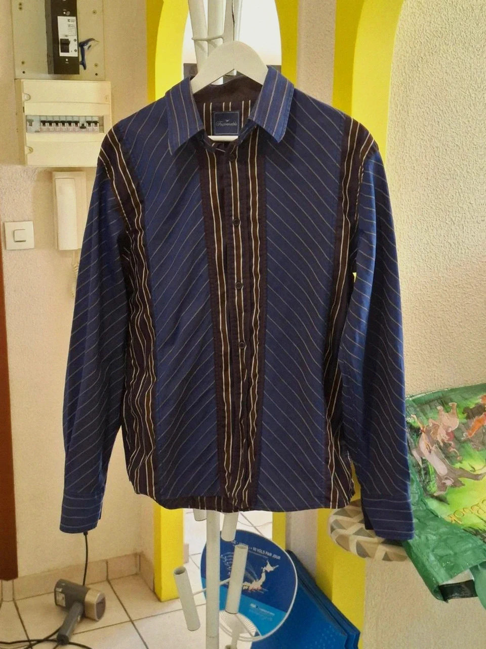 Chemise Rétro Manches Longues Façonnable - Rayée Bleu, Marron & Blanc - Taille M