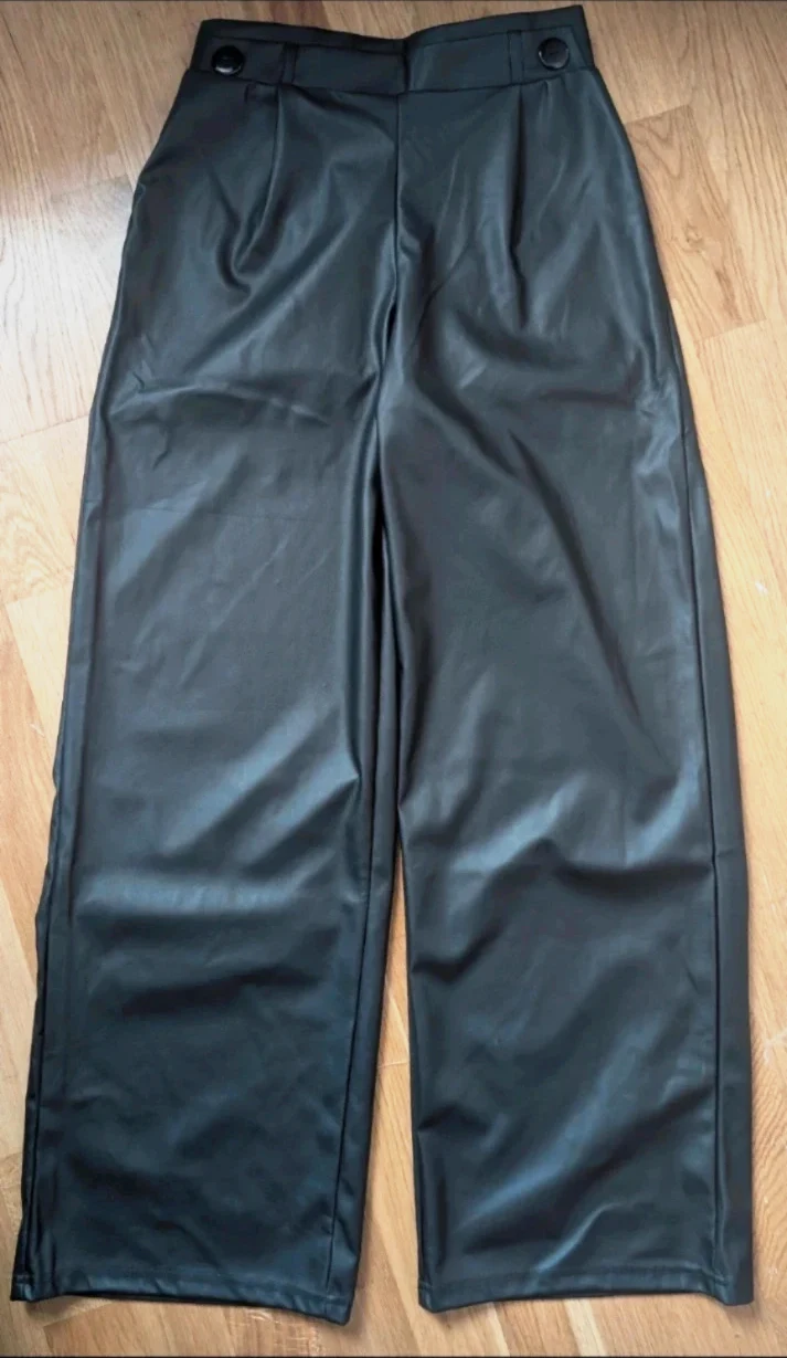 New Black Faux Leather Wide Leg Trousers UK S