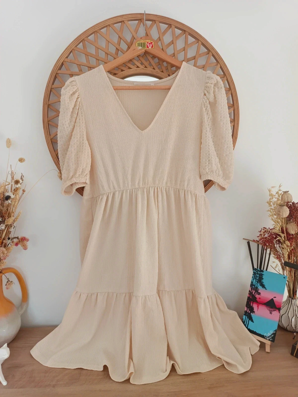 Vestido Boho MNG Crema Romantic Puff Sleeve Cottagecore Beige Dress L