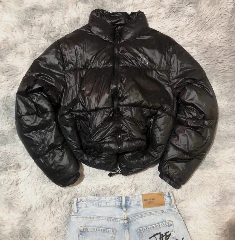 Springfield x Pedri Puffer Black Shiny Full Zip Y2K Streetwear Oversize Winter Outdoor - Size S