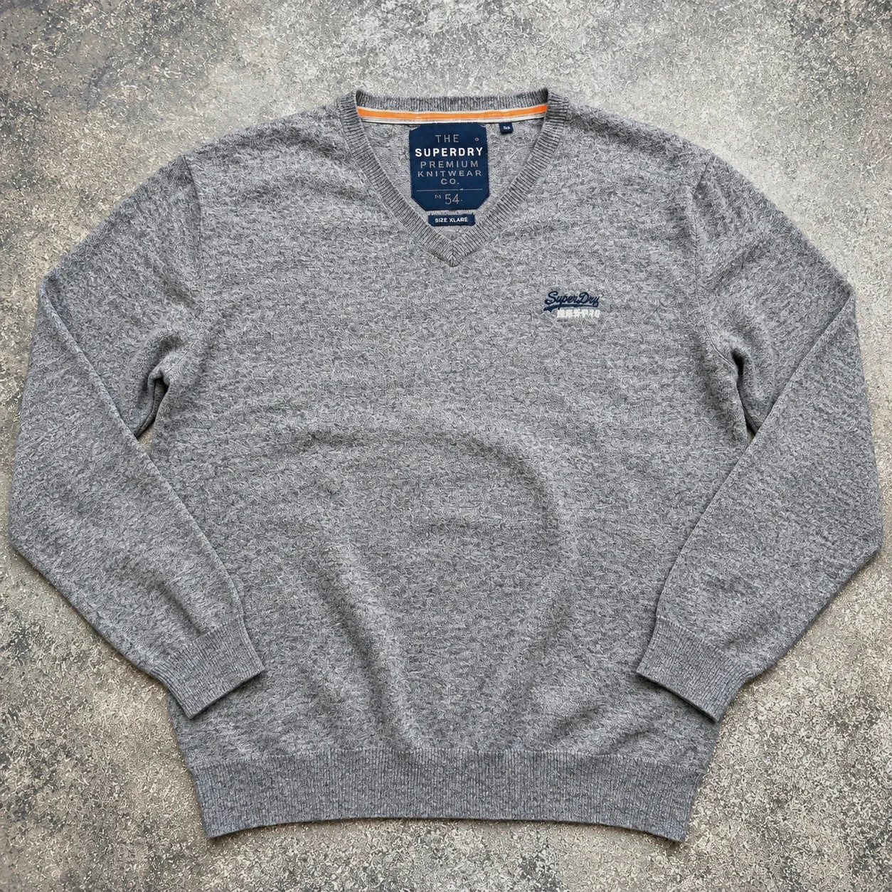 Pull Superdry Premium Knitwear gris chiné col V coton cachemire XL – Casual chic preppy