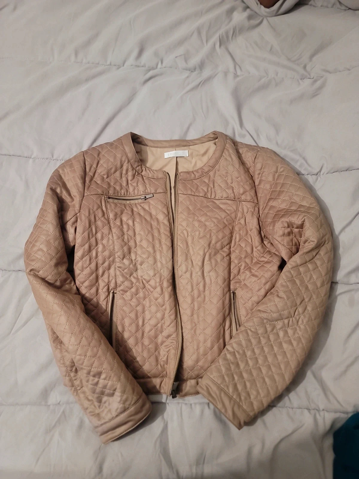 Veste Matelassée Beige / Camamel en Simili Cuir – Style Biker Sans Col – Promod – taille L / 40 / 12