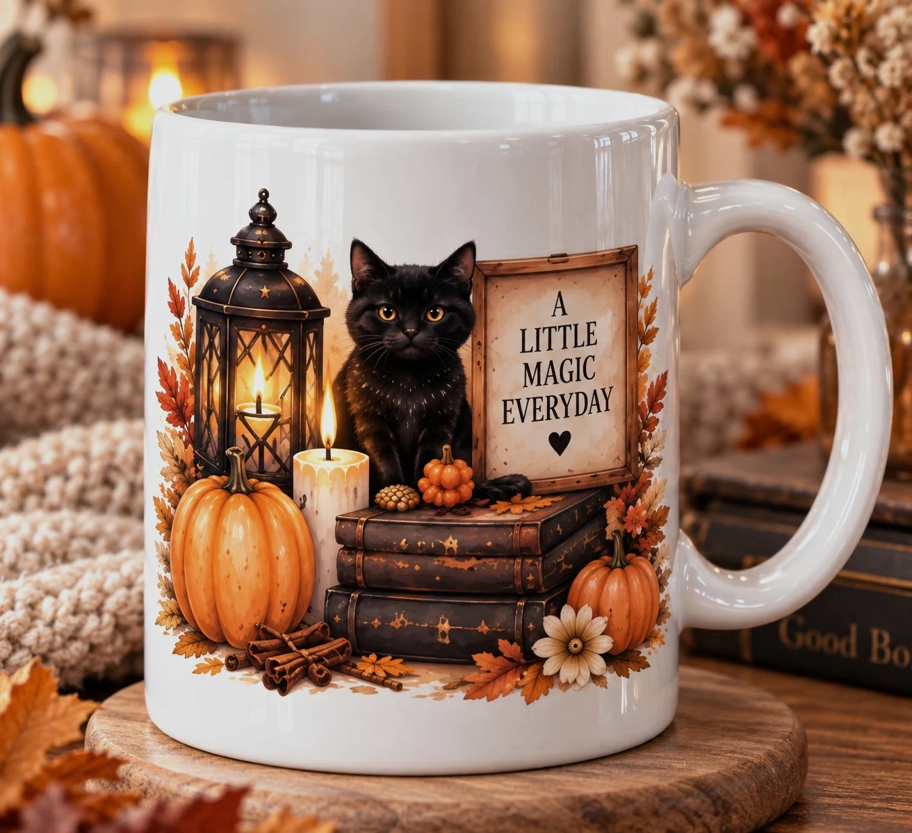Mug automne cosy avec chat noir et citrouilles – Personnalisable prénom 